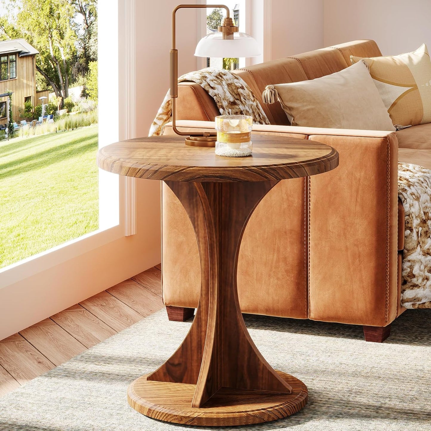Tribesigns Round End Side Table: Wood Small Sofa Chair Side Table for Living Room, Mid-Century Bedside Nightstand for Bedroom, Accent Table, Easy Assembly, Vintage Brown