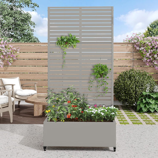 Casaphoria Metal Raised Garden Bed with Trellis and Wheels, 72"x35"x16" Planter Box for Climbing Plants, Vegetables & Vines, Features Drainage Holes and Privacy Screen (Grey-Louvered)