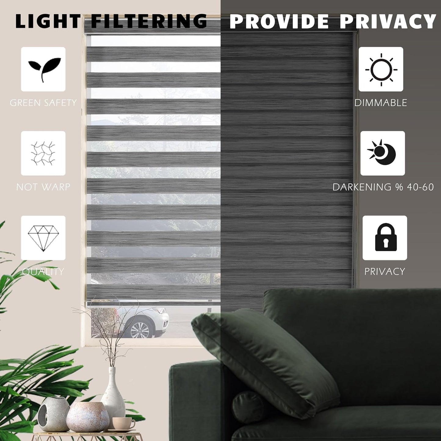Zebra Blinds, Free-Stop Dual Layer Shades, Light Filtering Privacy, Light Control Sheer Shades for Home, Blinds for Indoor Windows, Easy to Install (34" W X 72" H, Grey)