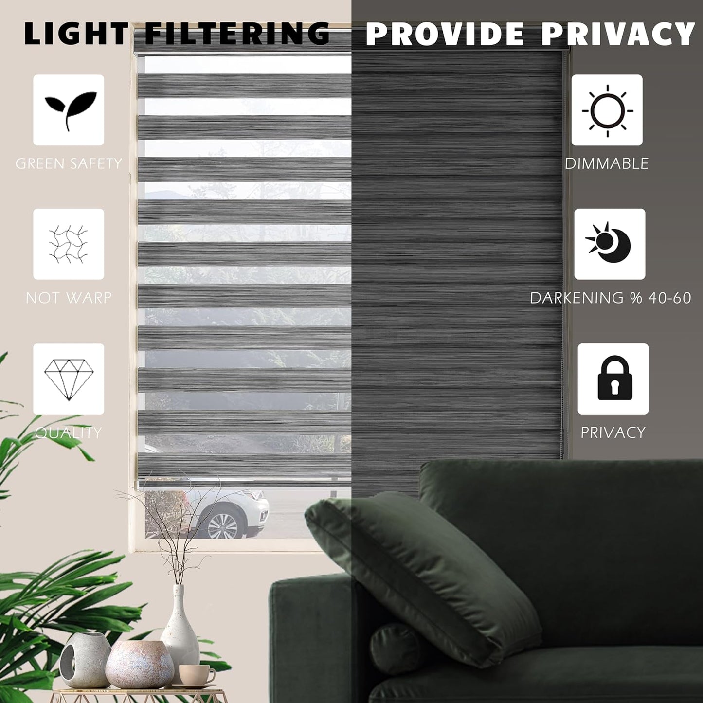 Zebra Blinds for Windows, Free-Stop Zebra Shades, Dual Layer Light Filtering Sheer Blinds for Indoor Windows, Roller Window Shades for Privacy (29" W X 72" H, Grey)