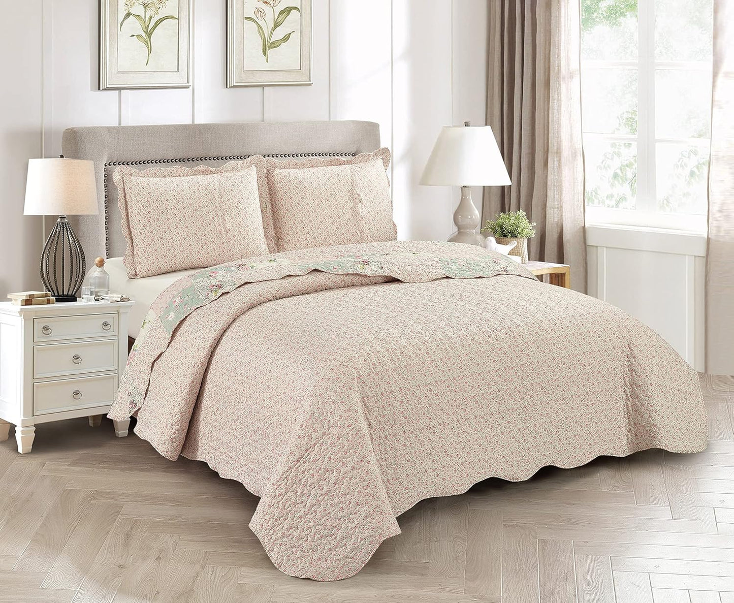 Brilliant Sunshine Rose and Sage Quilt Set, 3-Piece Bedding Sets, Traditional Patchwork Design, Washable and Reversible Bedspread, Soft Lightweight Coverlet, All-Season, Full/Queen, Light Pink Green