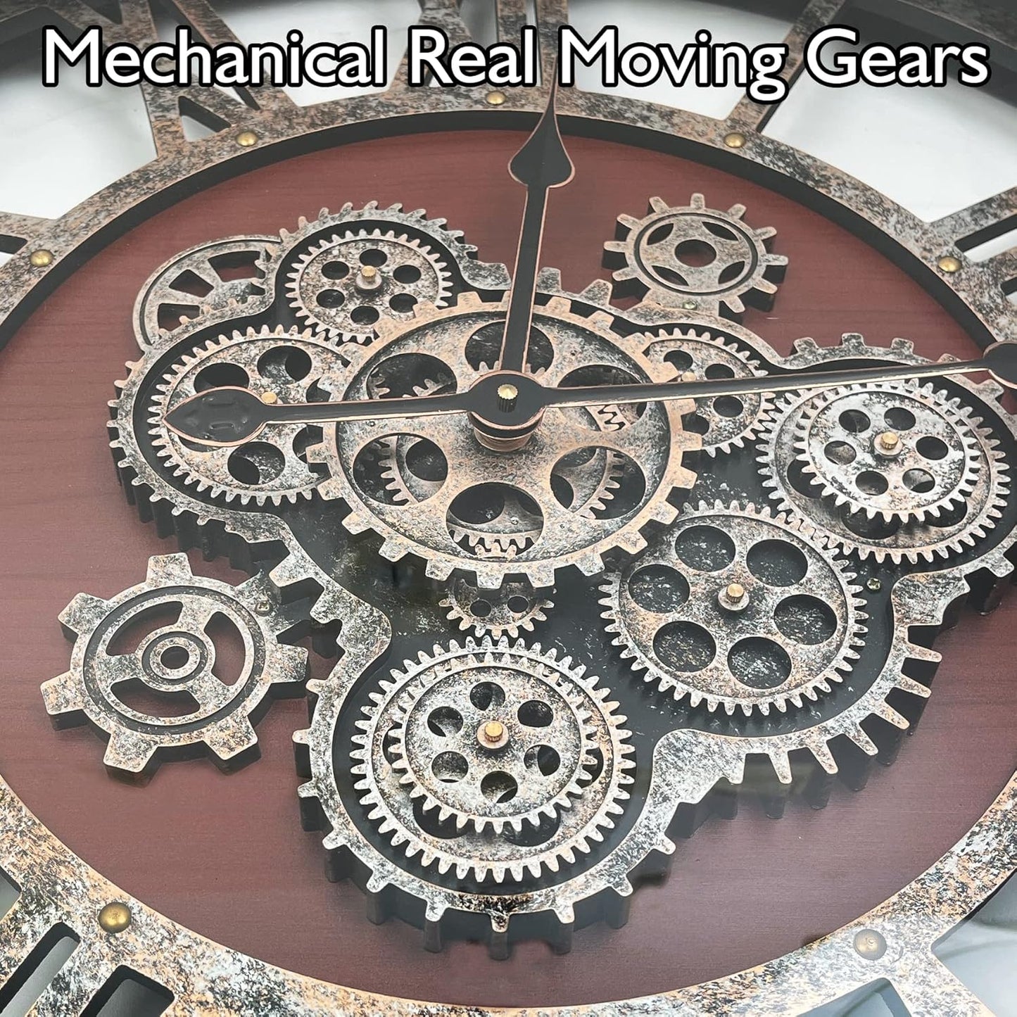 DORBOKER 27" Original Moving Gears Wall Clock, Large Industrial Wall Clock for Living Room Decor, Retro Metal Solid Wood Vintage Farmhouse Steampunk Rustic Clocks for Wall Decor,Black Walnut