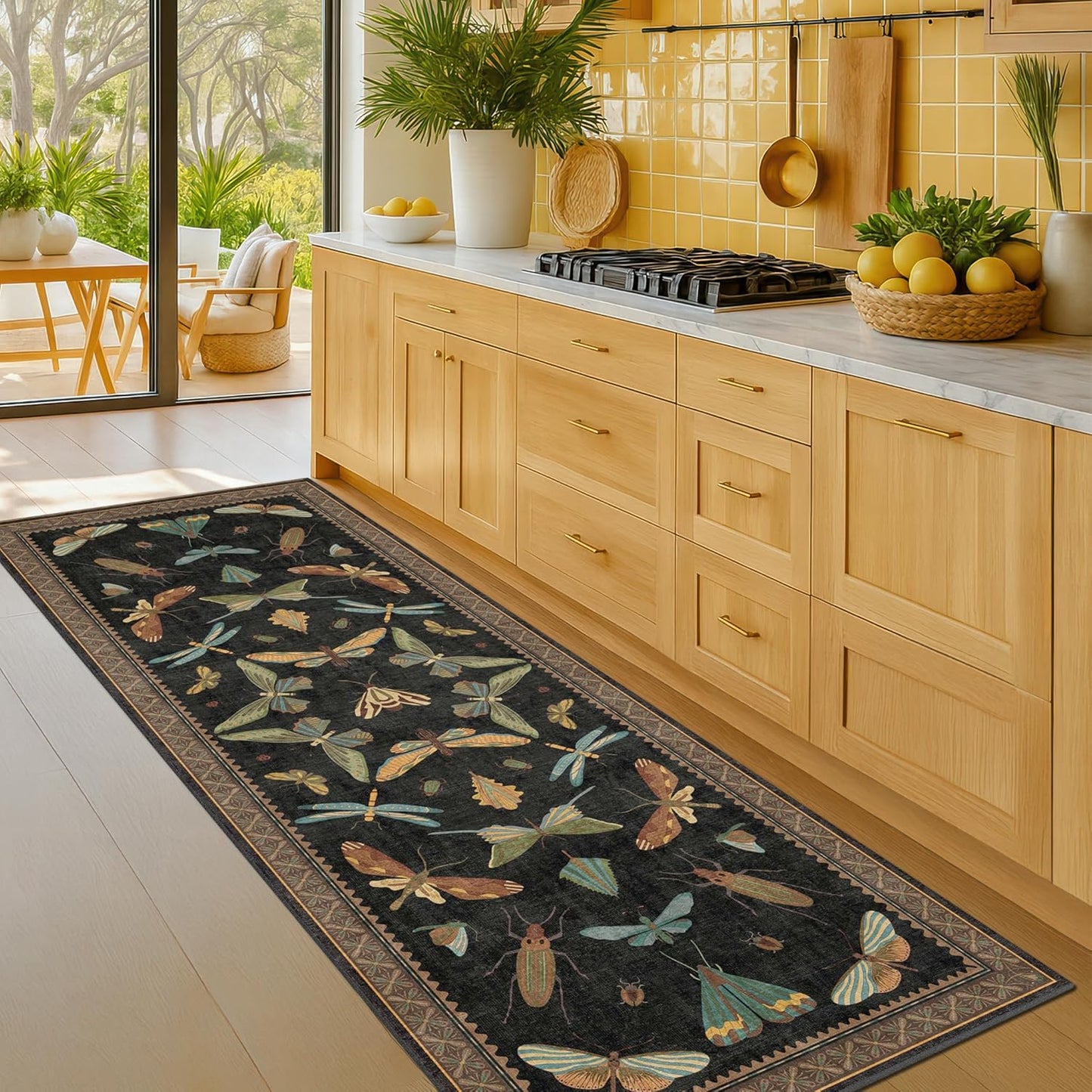 Black Insect 2'6"x8' Washable Non Slip Runner Rugs for Hallways, Non Skid Stain Resistant Rug Runners for Kitchen, Entryway, Mudroom -, Dark Floral Boho Cottagecore Home Decor