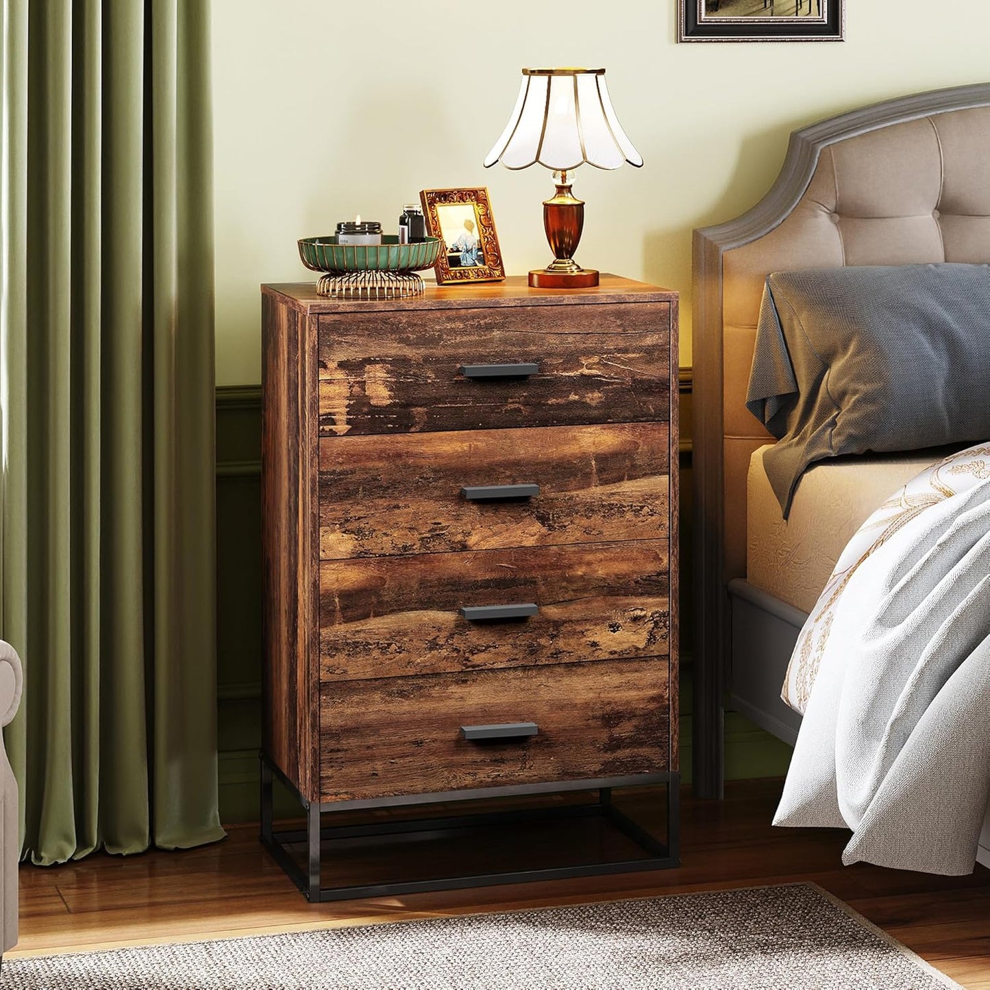 WLIVE Wood Dresser for Bedroom with 4 Drawers, Tall Dresser with Sturdy Metal Frame, Wooden Chest of Drawers for Hallway, Living Room, Closet, Brown Oak