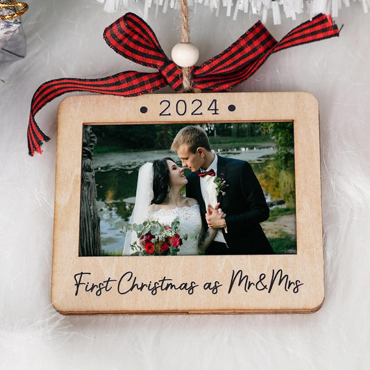 Christmas Photo Frame Ornament, 2024 Ornament, Wooden Picture Frame Ornaments With Hanging String (First Christmas As Mr & Mrs (Landscape))
