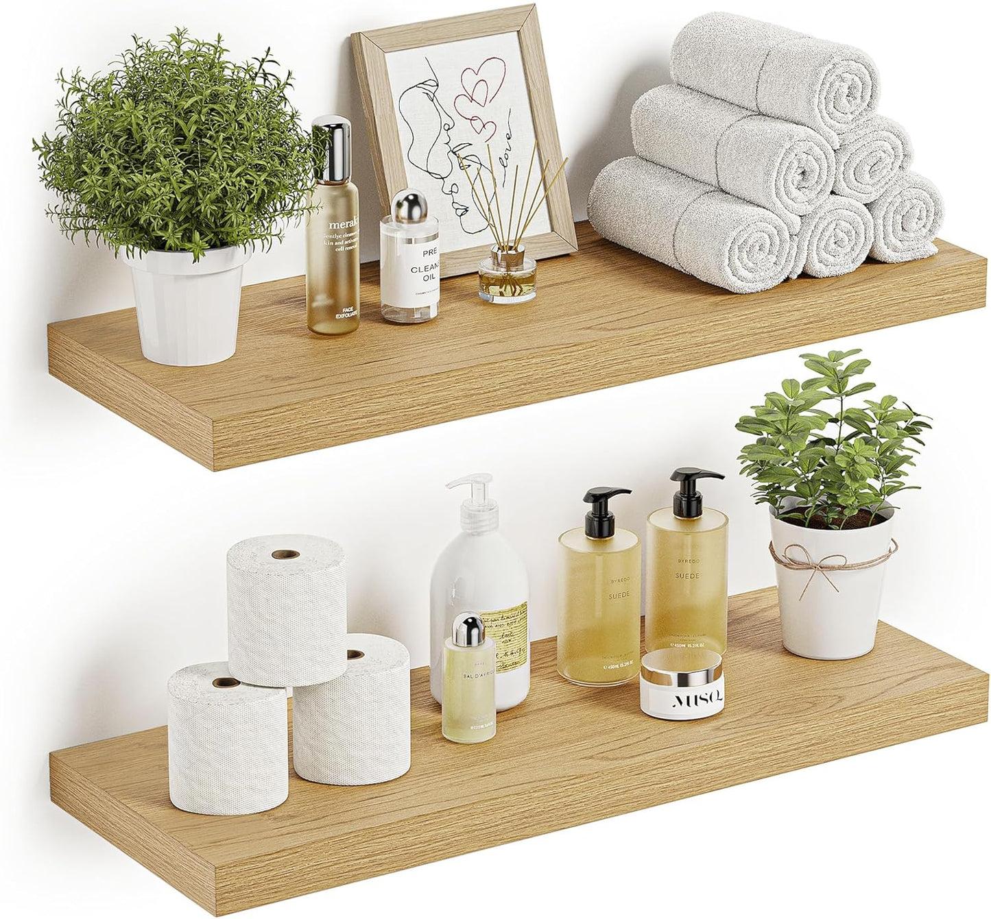 Floating Shelves for Wall 24 inchs Long, 9.2” deep x 1.5” Wall Shelf for Bedroom, Bathroom, Living Room, Kitchen, Office Home Decor, Deep Wood Shelves with Invisible Brackets, Set of 2, Oak