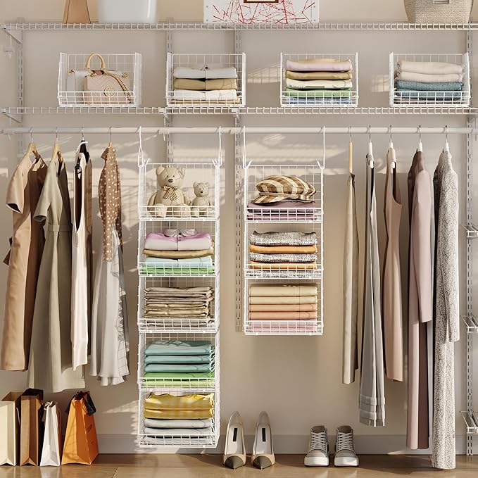 5 Tier Closet Hanging Organizer, Clothes Hanging Shelves with 4 Hanging Hooks 5 S Hooks, Wire Storage Basket Bins, for Clothing Sweaters Shoes Handbags Clutches Accessories Patent Design-White