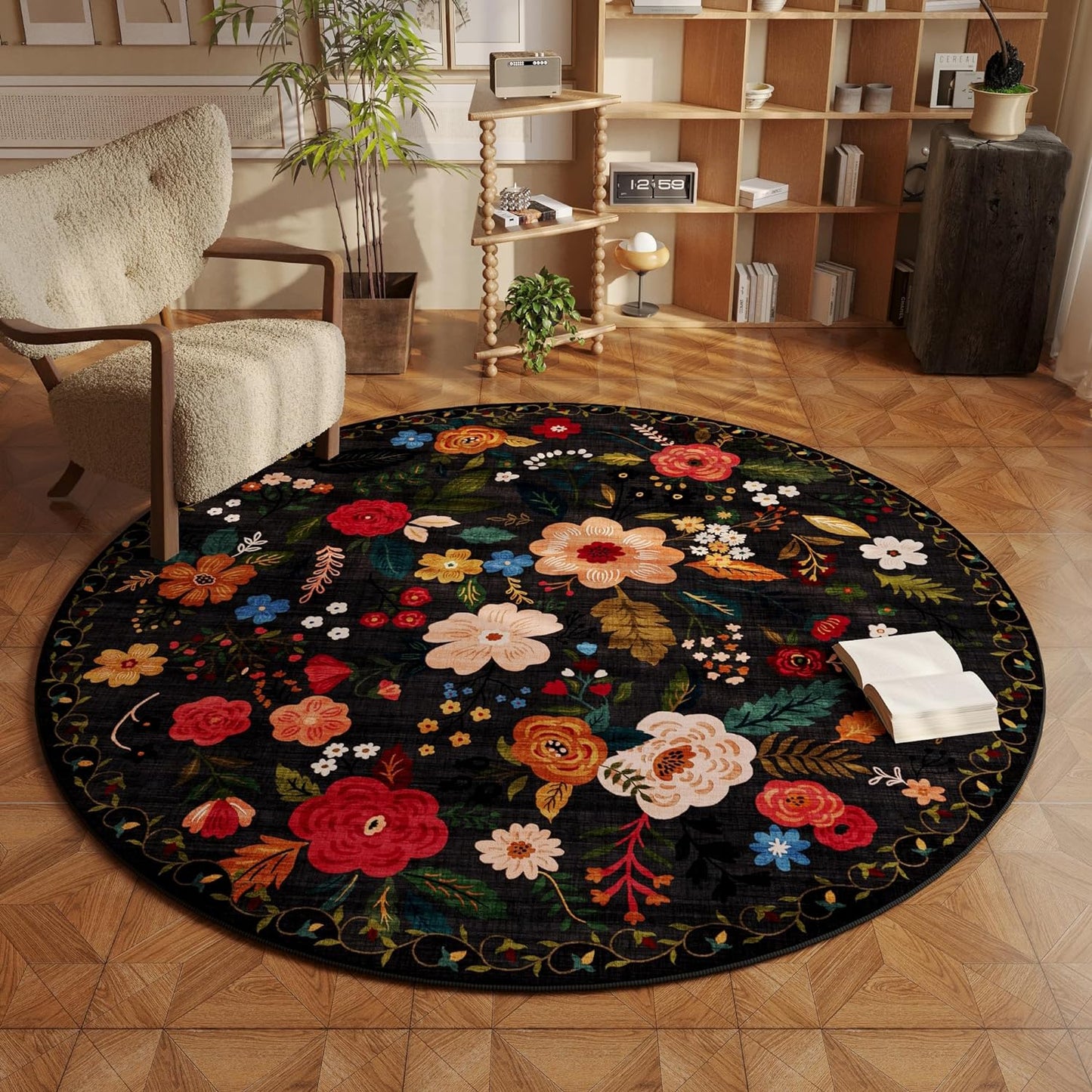 Round Rug 4ft Washable Circle Rug Non Slip Low Pile Boho Floral Small Circular Rug for Bedroom, Bathroom, Entryway, Kids Room, Office, College Dorm(Black)