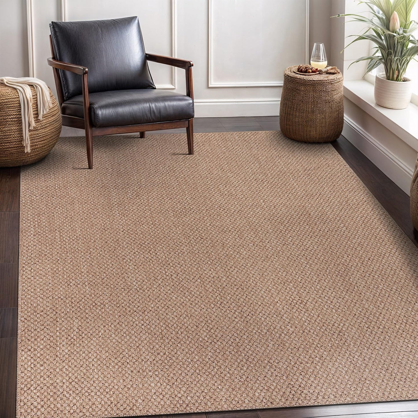 CAMILSON Easy Jute Rug 9x12, Large Indoor Outdoor Natural Color Farmhouse Area Rugs for Living Room Patio and Kitchen Rug, Solid Boho Woven Design, Easy-Cleaning, Washable Outside Carpet (9 x 12)