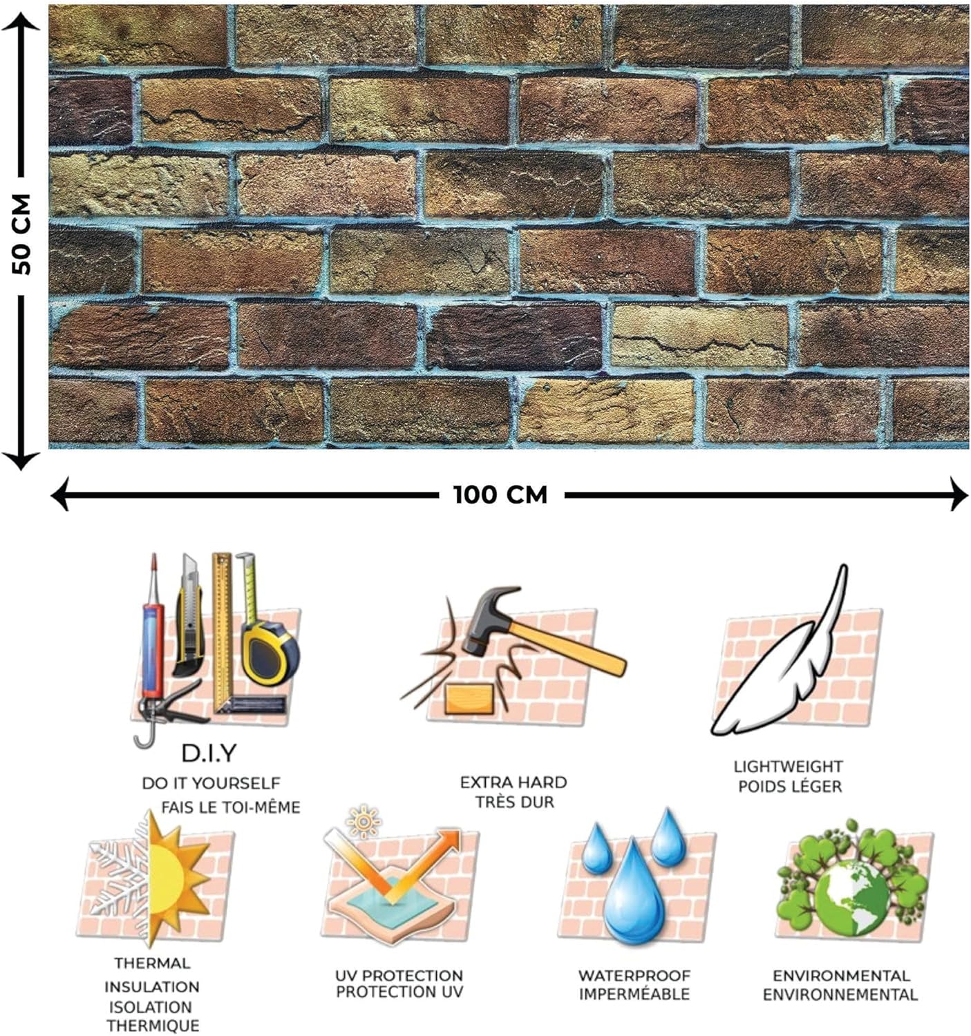 Dundee Deco 3D Wall Panels Faux Brick - Cladding, Brown Beige Stone Look Wall Paneling, Styrofoam Facing for Living Room, Kitchen, Bathroom, Balcony, Bedroom, Set of 5, Covers 27 sq ft