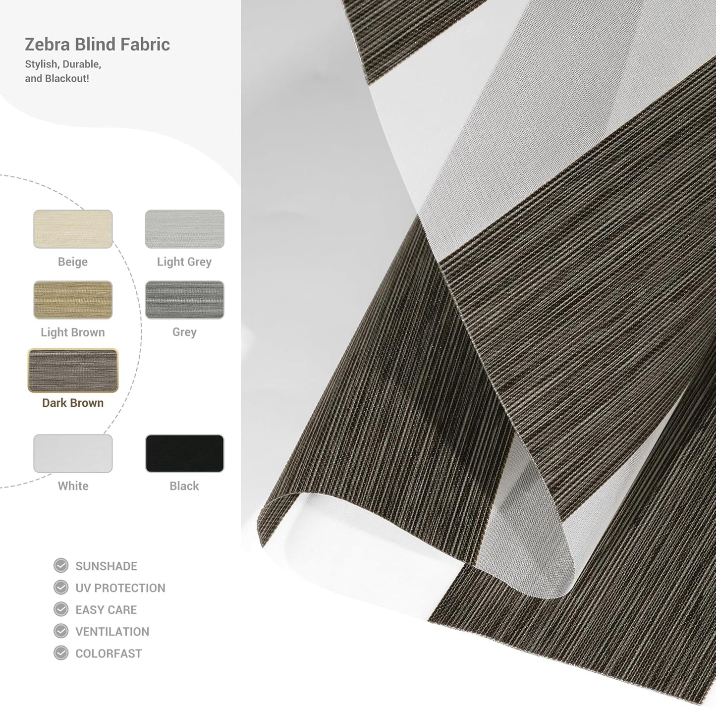 Cordless Zebra Blinds for Windows, Blackout Interior Blinds,Easy to Install,UV Protection,for Offices and Home,Custom Roller Shades, Mousse Dark Bown,73" W x 56" H
