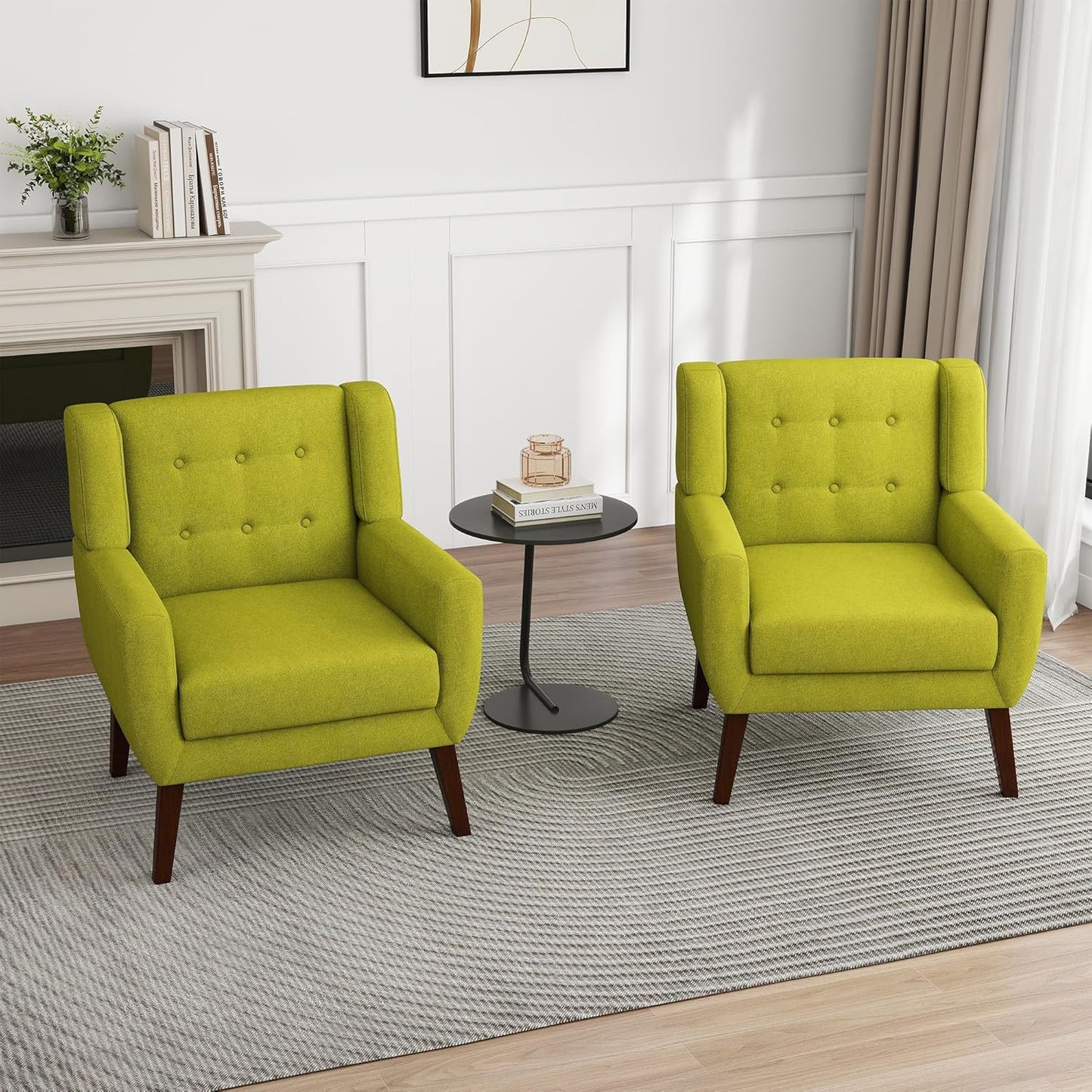 UIXE Accent Chairs Set of 2, Modern Upholstered Arm Chair, Mid-Century Club Armchair Comfy Single Lounge Sofa Button Tufted Living Room Reading Seat Bedroom Side Sitting for Home Office,Green