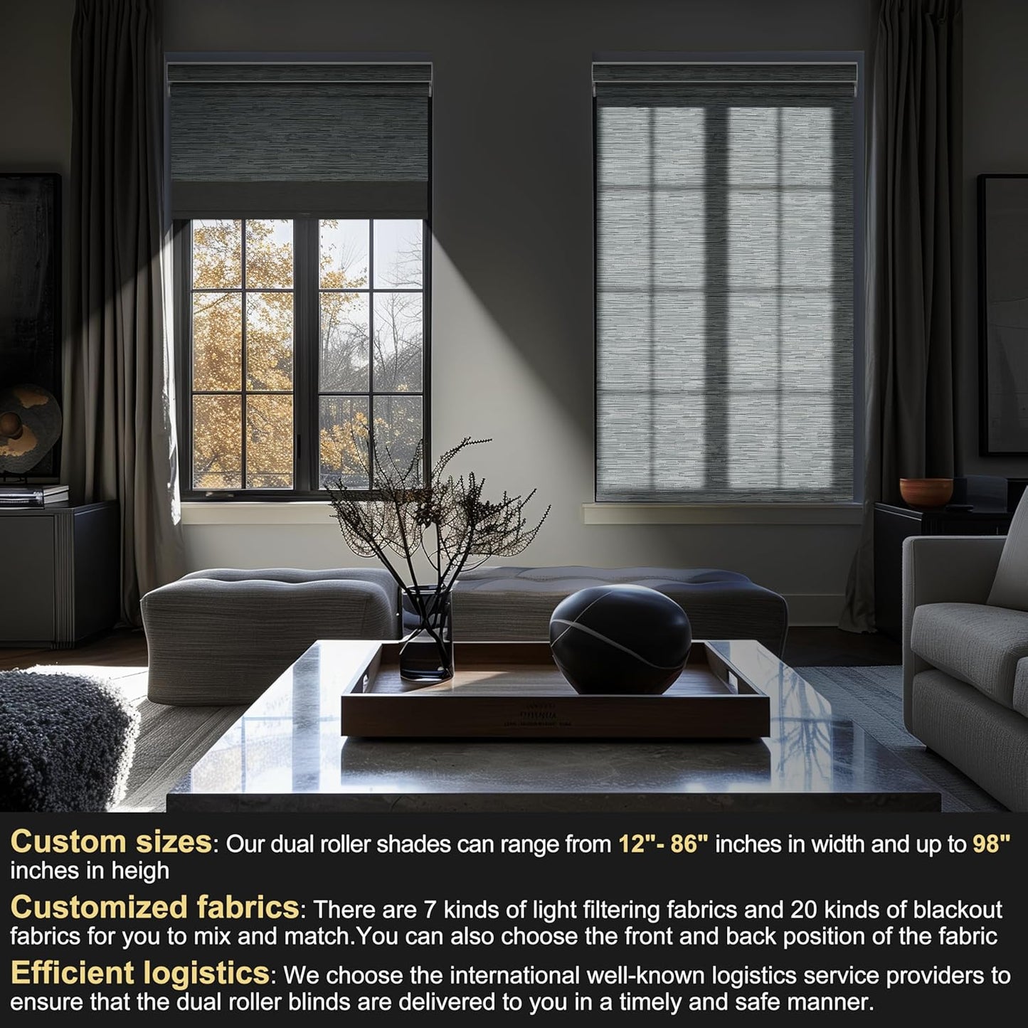 BERISSA Cordless Dual Roller Shades with Cassette Valance, Double Window Shades Blackout and Light Filtering, Day and Night for Home Office Door. Striped Jacquard Grey. 37 W x 72" H