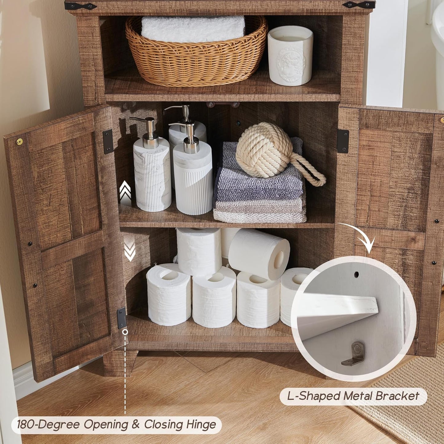 Corner Bathroom Cabinet, Farmhouse Small Corner Cabinet with Barn Door & Adjustable Shelf, Storage Cabinets for Bathroom, Kitchen, Living Room, Rustic Brown