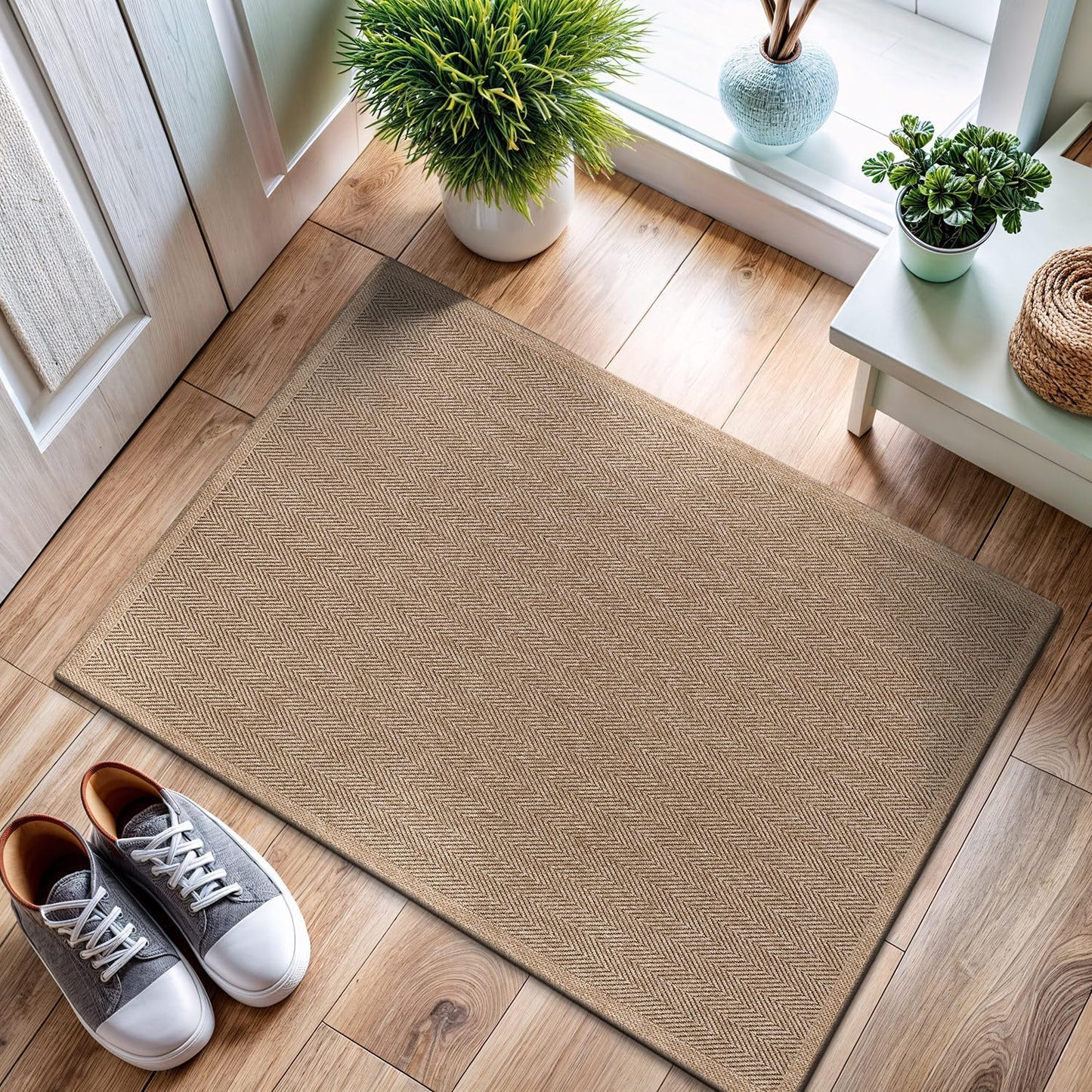 CAMILSON Easy Jute Rug 2x3, Indoor Outdoor Natural Color Fiber Area Rugs for Bathroom and Kitchen Rug, Herringbone Seagrass Boho Woven Design, Easy-Cleaning, Washable Outside Carpet Alfombras (2 x 3)