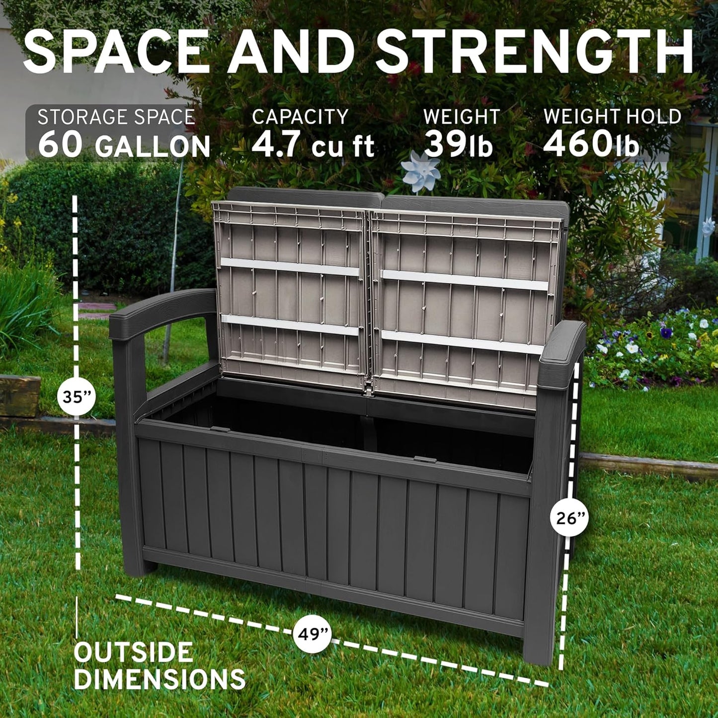 EconoHome 2 Seat Outdoor Storage Bench with Rain Cover - 60 Gallon Capacity - Weatherproof Resin Bench for Patio, Porch, Garden, Yard, Pool Area - Furniture for Pool Accessories, Gardening Tools