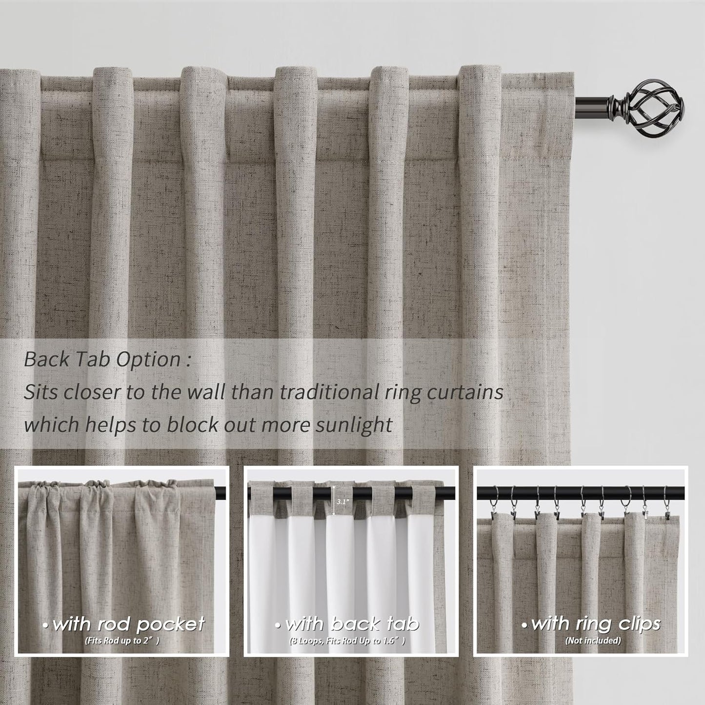 BOODII Room Darkening Curtains 120 Inch Back Tab Thermal Insulated Black Out Linen Drapes Extra Long Blackout Curtains for Patio Door Large Window Ceiling to Floor Light Blocking Dark Taupe 52x120