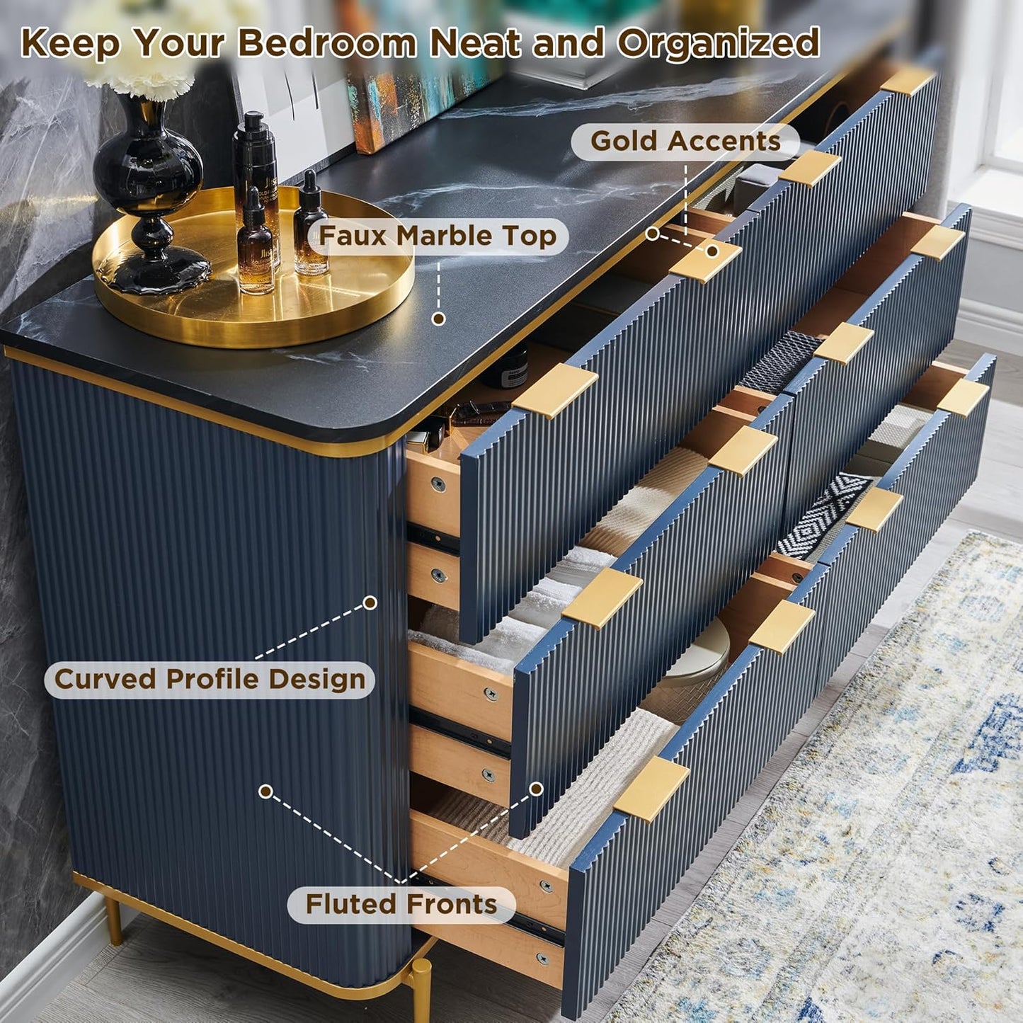 T4TREAM Fluted 6 Drawers Dresser for Bedroom, 54" Wide Modern Dresser TV Stand, Gold Accents, Fluted Fronts, Wood Storage Dressers Organizer for Bedroom, Living Room, (Dark Grey)