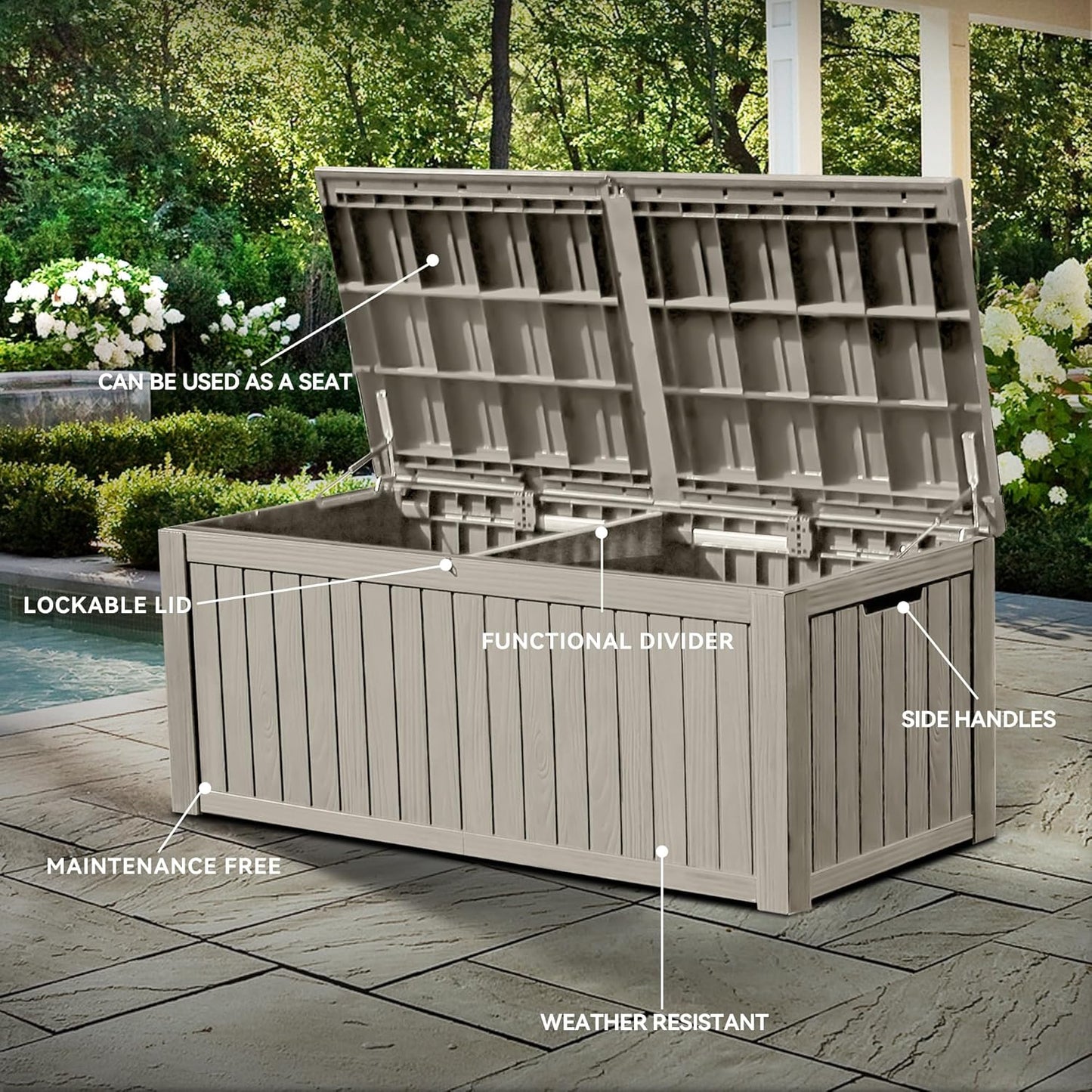 YITAHOME 150 Gallon Large Outdoor Storage XL Deck Box w/Divider for Patio Furniture,Outdoor Cushions, Garden Tools, Sports Equipment and Pool Supplies, Waterproof, Resin, Lockable, Taupe