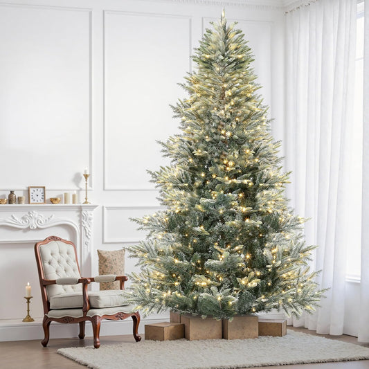 GarveeHome 7.5 FT Lighted Aspen Fir Christmas Tree,Flocked Green Artificial Christmas Tree with Warm White & Twinkle Lights for Indoor,Outdoor, Holiday Décor, Metal Hinges, Foldable Base