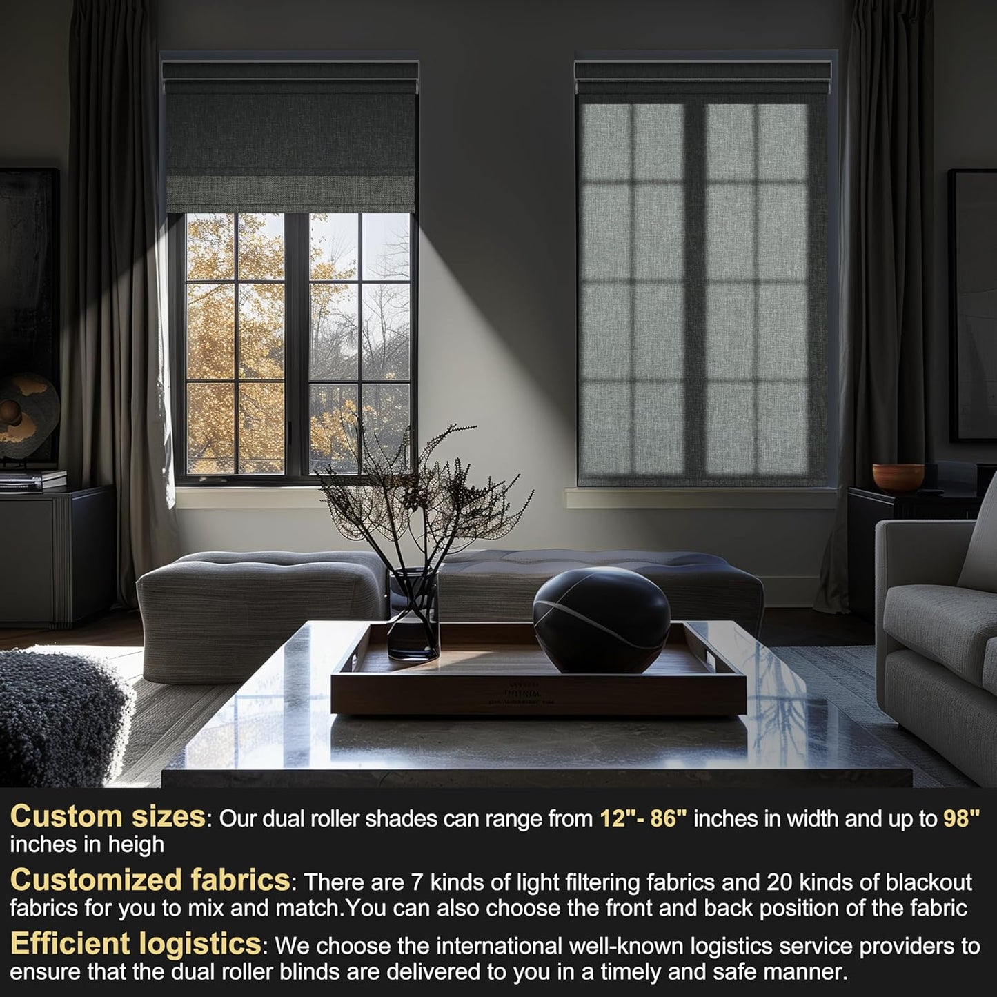 BERISSA Cordless Dual Roller Shades with Cassette Valance, Double Window Shades - Blackout and Light Filtering, Day and Night for Home Office Door. Linen Grey. 72 W x 44" H