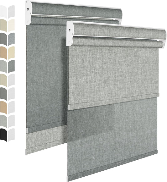 BERISSA Cordless Dual Roller Shades with Cassette Valance, Double Window Shades - Blackout and Light Filtering - Day and Night for Home Office Door. Linen Grey. 27 W x 36" H