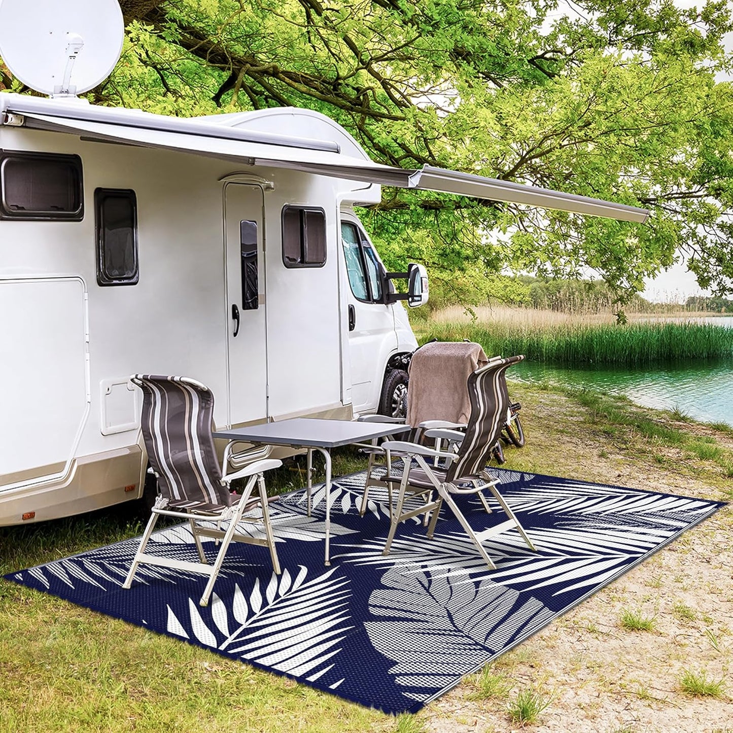 GENIMO Outdoor Rug 8' x 10' Waterproof for Patios Clearance, Reversible Outdoor Plastic Straw Camping Rug Carpet, Large Area Rugs Mats for RV, Camper, Deck, Balcony, Porch, Beach, Navy Blue&White