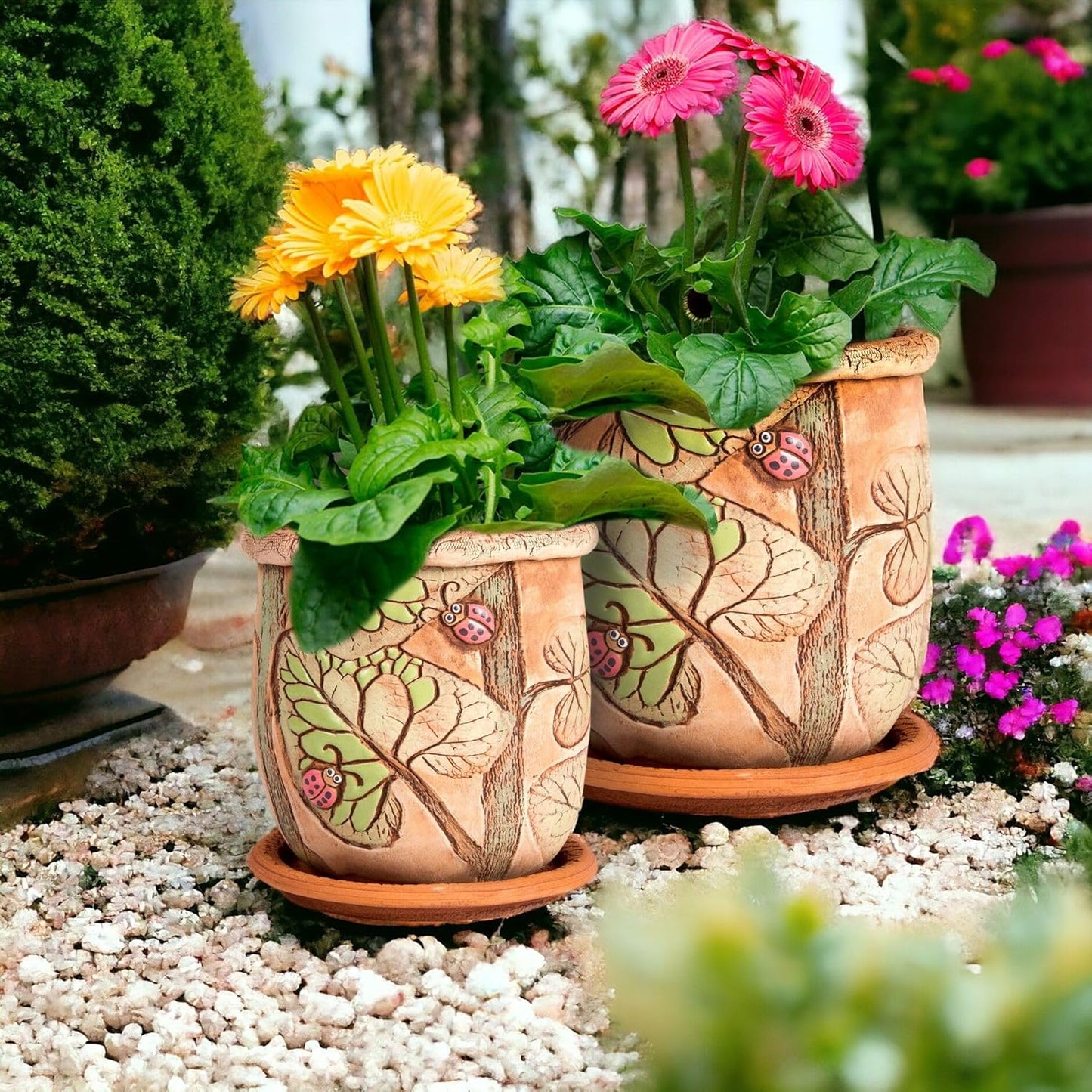 Ceramic Pot with Drainage Hole and Saucer, Plant Pots, Modern Decorative Planters for House Plants Indoor Flowers Plants, Cute Flower Pot - Gifts (Ladybugs (3 L))