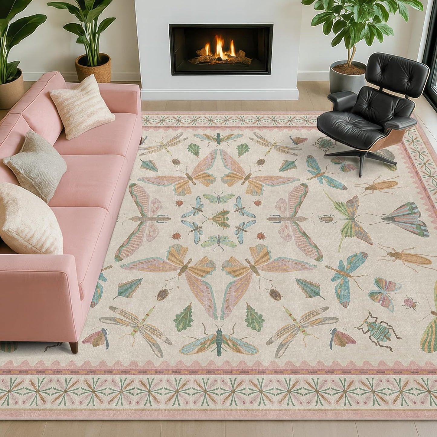 Floral Pink Rugs for Bedroom Girls 6x9 - Insect Print Cute Girly Rug for Living Room, Dining Room Under Kitchen Talbe, Washable Low Pile Vintage Bug Art Nouveau Home Decor