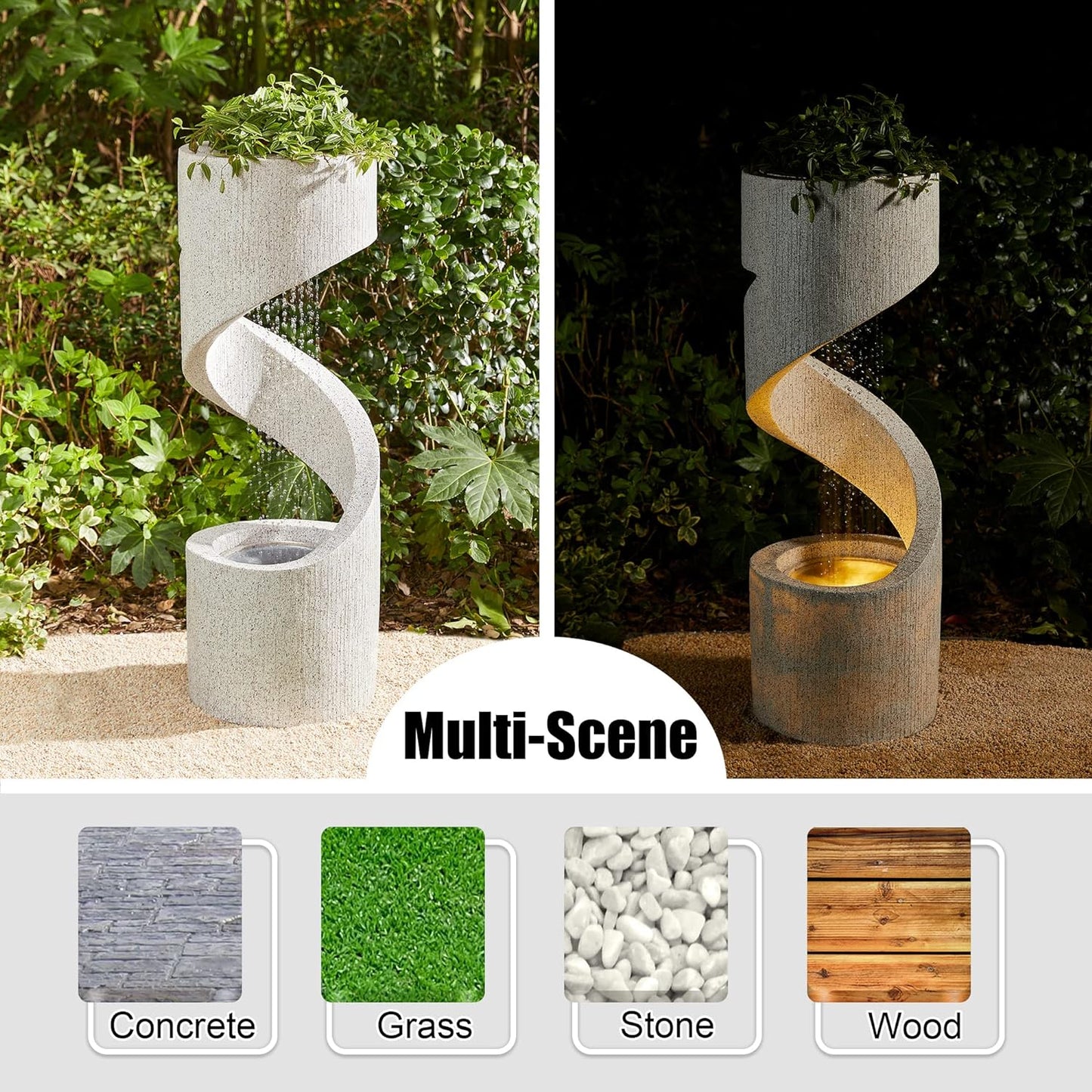 Glitzhome Decorative Tiered Outdoor Water Fountain with LED Light Vintage Curved Waterfall Fountain with Stone Planter Rustic Faux Terrazzo Spiral Shaped Fountains for Garden Patio Deck Porch, 40.25”H