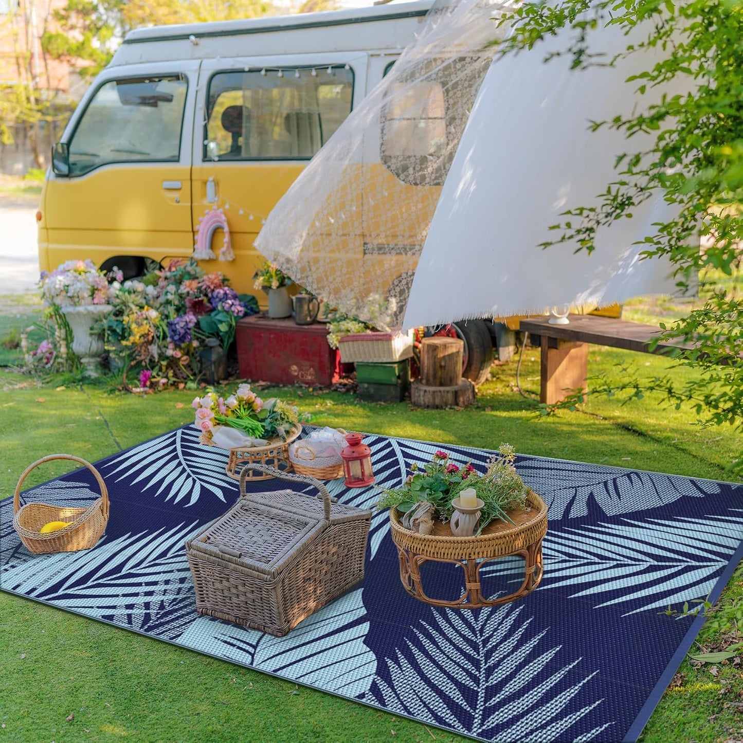 GENIMO Outdoor Rug 6' x 9' Waterproof for Patios Clearance, Reversible Outdoor Plastic Straw Camping Rug Carpet, Large Area Rugs Mats for RV, Camper, Deck, Balcony, Porch, Beach, Navy Blue&Baby Blue
