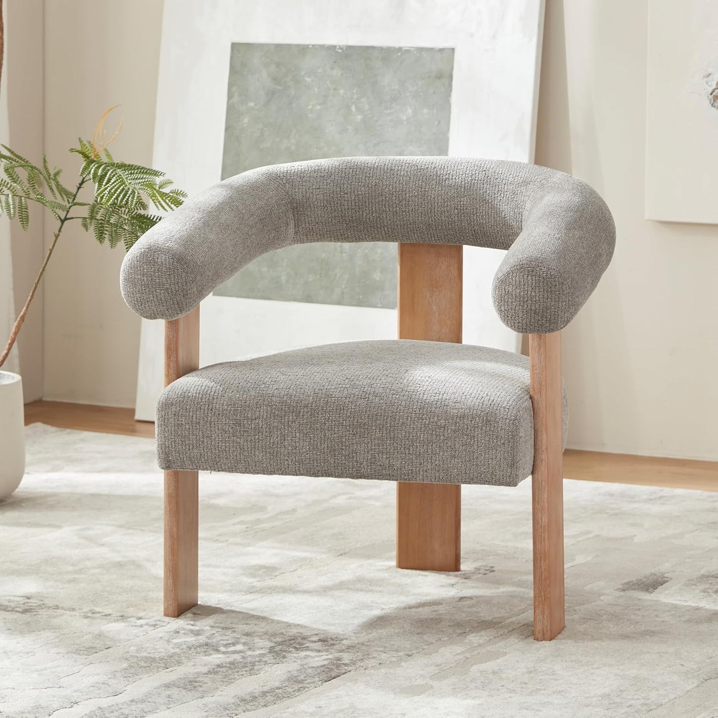 VKNOW Accent Chair Living Room Chair Set of 2, Modern Upholstered Armchair with Solid Wood Legs, Comfy Barrel Arm Chairs for Living Room Bedroom, Light Grey