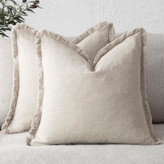 Foindtower Set of 2 Decorative Linen Fringe Throw Pillow Covers Cozy Boho Farmhouse Cushion Cover with Tassels Soft Accent Pillowcase for Couch Sofa Bed Living Room Home Decor, 16×16 Inch, Beige