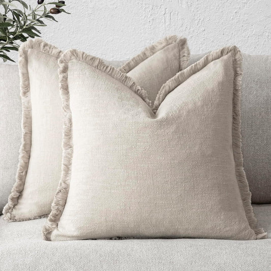 Foindtower Set of 2 Decorative Linen Fringe Throw Pillow Covers Cozy Farmhouse Boho Cushion Cover with Tassels Soft Accent Pillowcase for Couch Sofa Bed Living Room Home Decor 20×20 Inch Beige