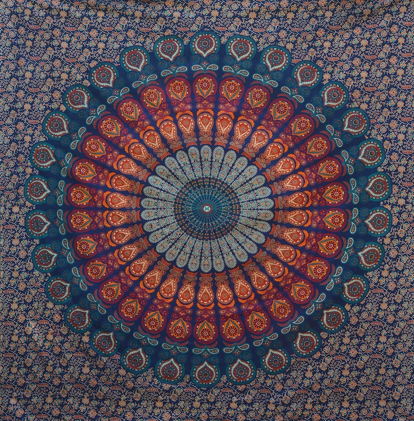 Bless International Handmade Indian hippie Bohemian Psychedelic Peacock Mandala Wall hanging College Dorm Beach Throws Table Cloth Bedding Tapestry (Golden Blue, Twin(54x72Inches)(140x185cms))