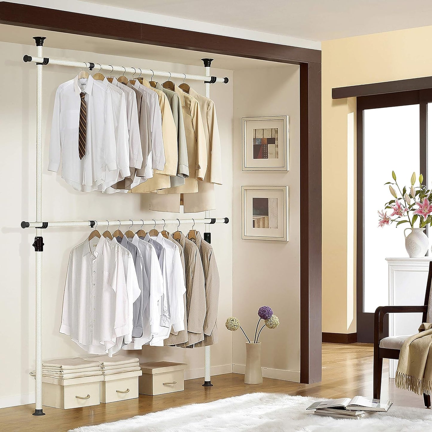 PRINCE HANGER Rack Heavy Duty One Touch System Load 352LBS Clothing Racks for Hanging Clothes Metal Closet Garment Closet system Tension Rod Free Standing Ivory Width Adjustable PHUS-0023