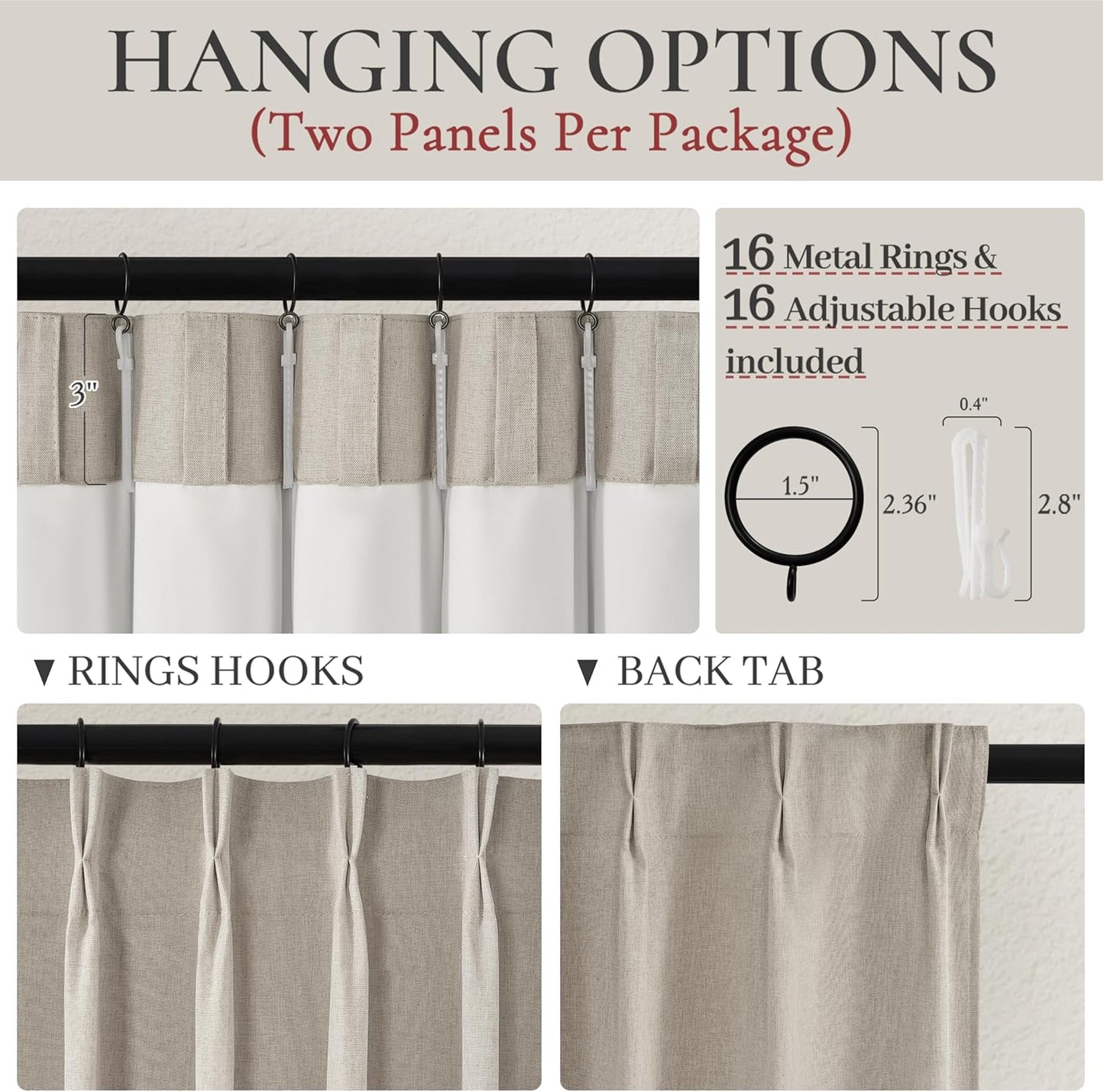Viral Curtains with Pinch Pleat Clips & Hooks, Grey Taupe Faux Linen Blackout Curtain for Bedroom 102 Inches Long Heavy Drapes Cooling for Summer Heat Sound Deadening Privacy Windows (40"Wx102"Lx2)