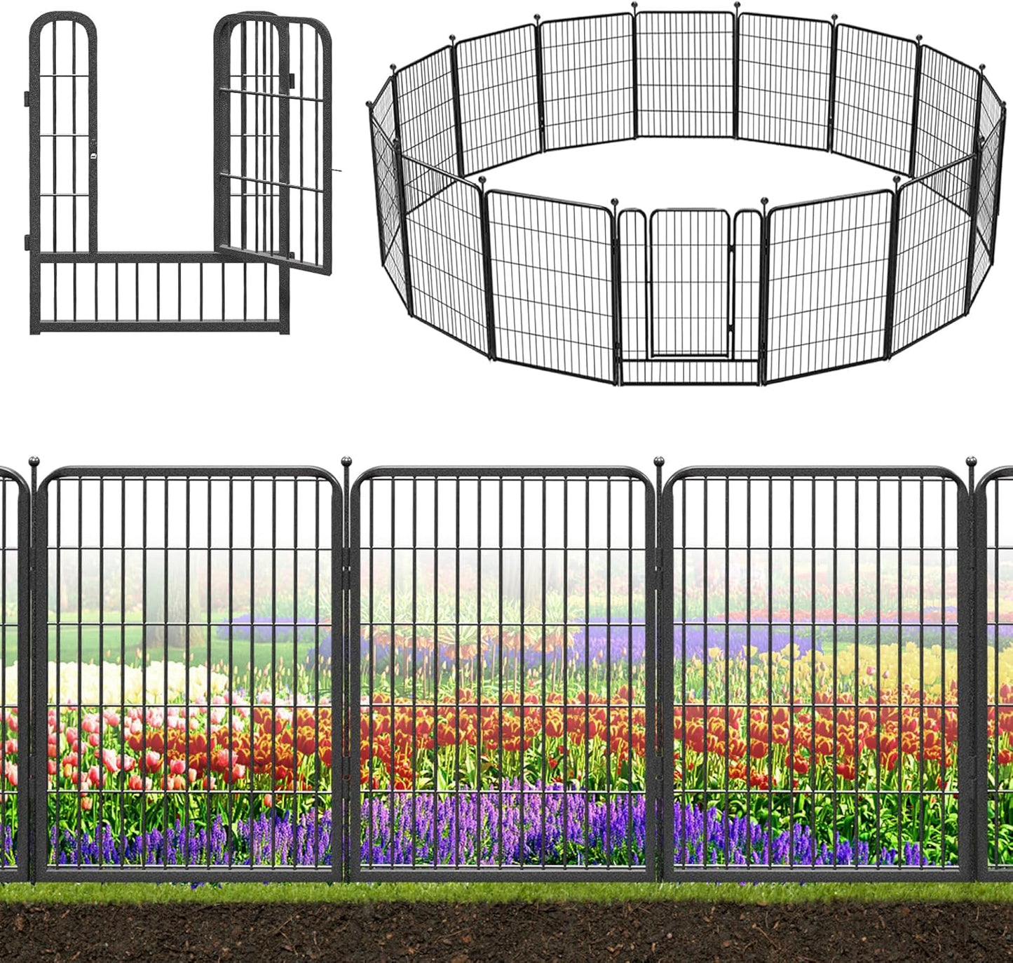 Decorative Black Metal Fencing Garden Fence with Gate, 36ft(L) 32in(H) 16 Fence Panels No Dig Fence Rustproof Animal Barrier Fence Temporary Dog Panels Fencing Outdoor