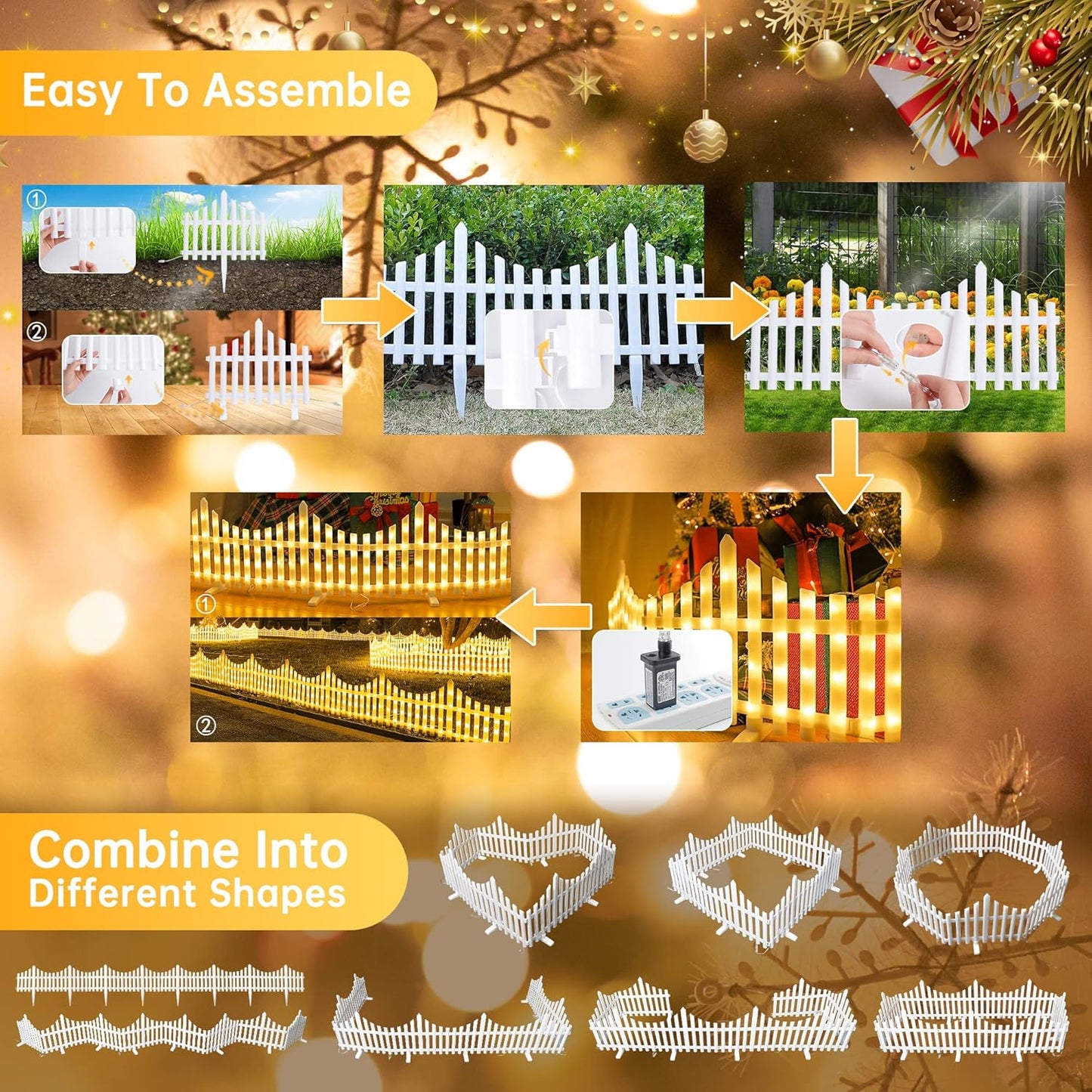 Hopolon 8 Pack 36LED Lighted Garden Fence,13.7x11.8inch Christmas Tree Fence Lights Plug in,8 Modes White Plastic Edgings Picket Decorative Fence for Landscape Patio Yard Path Home Xmas,Warm White