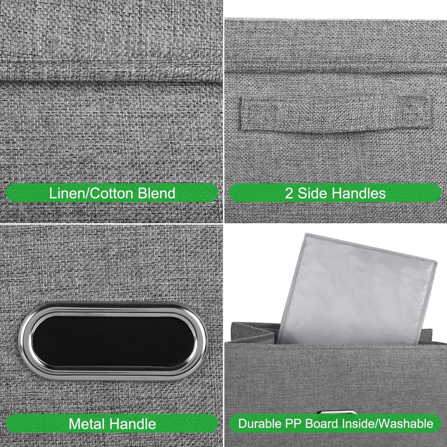 Linen Fabric Collapsible Storage Bins with Removable Lids and Handles, Washable Storage Box Containers Baskets Cube with Cover for Bedroom,Closet,Office,Living Room,Nursery (Grey, Medium)