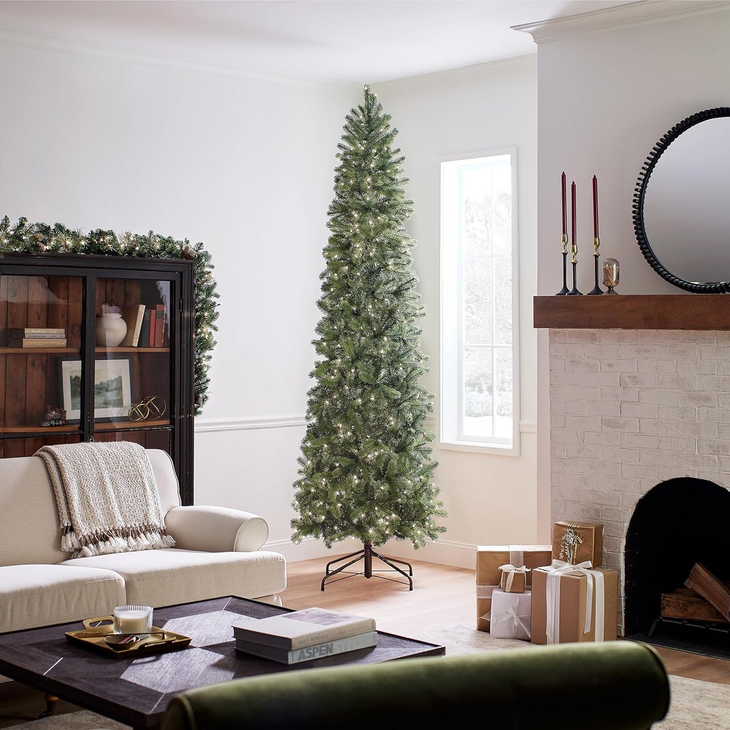 National Tree Company 'Feel Real' Pre-lit Artificial Christmas Tree | Includes Pre-strung White Lights| Downswept Douglas Fir Pencil Slim - 9 ft