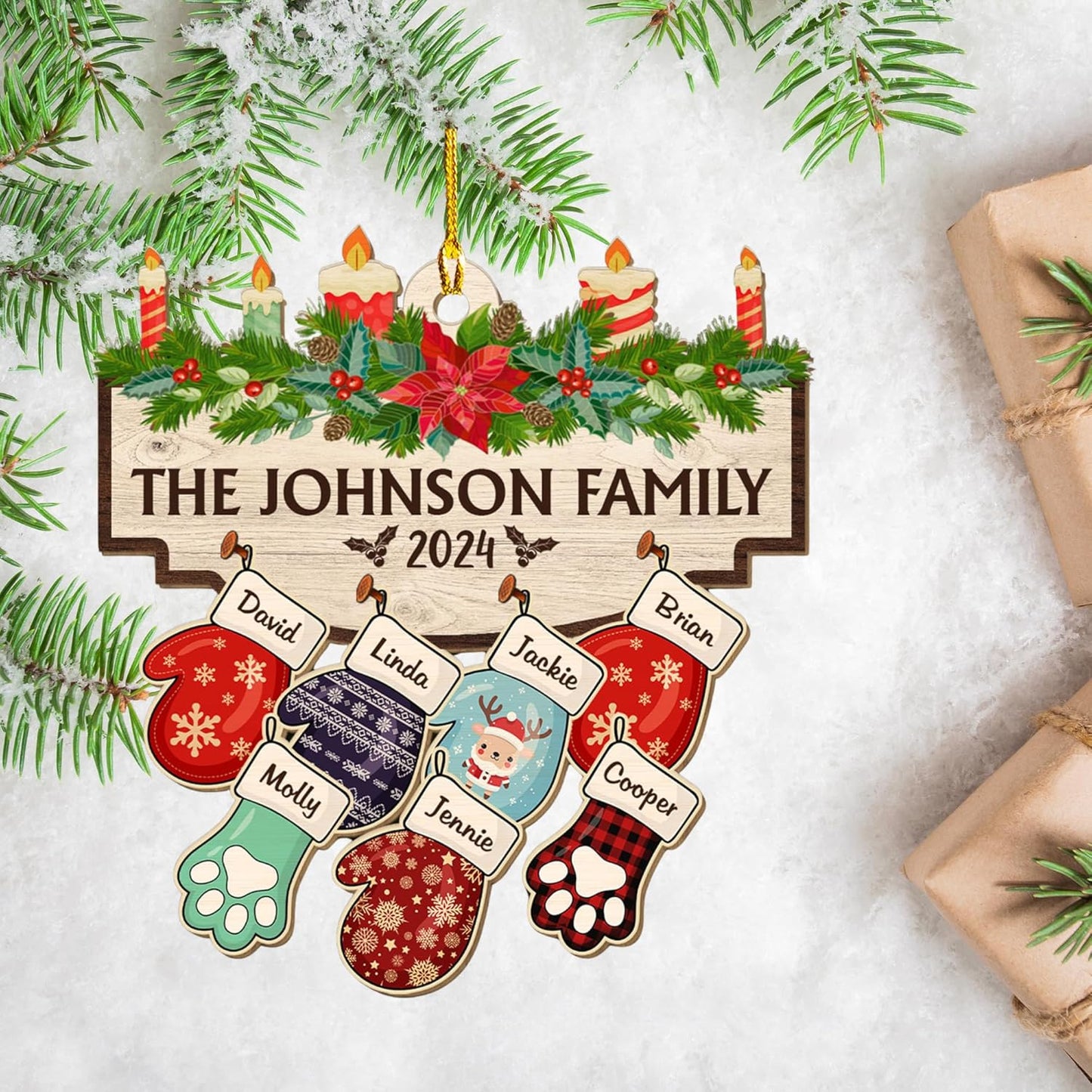 Family with Pet Ver 2 - Personalized Custom Wood Ornament, Family Gloves Christmas Ornament 2024, Xmas Ornament Gifts for Family Tree Decoration (A06, 5 Names)