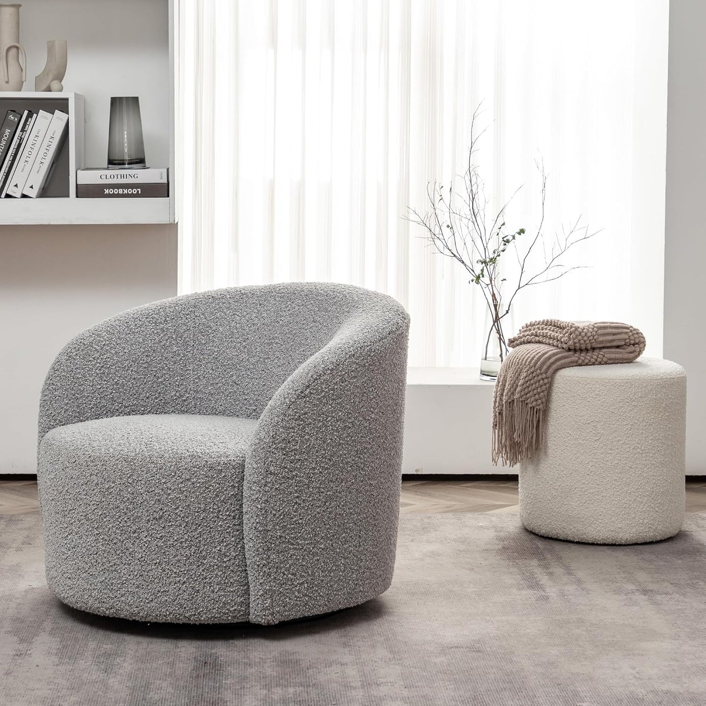 KINWELL 34" Boucle Swivel Barrel Chair with 18" Round Ottoman Set, Fully Assembled Set of Sherpa Accent Chair and Footrest, Modern Comfy Armchair and Footstool for Living Room and Bedroom, Black White