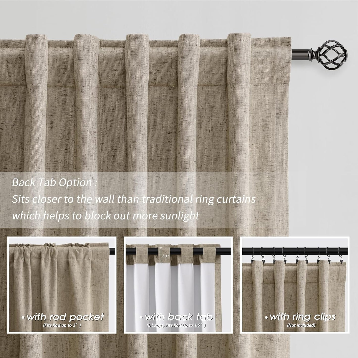 BOODII Full Blackout Curtains 90 Inches Long Room Darkening Curtain for Bedroom Sliding Door Thermal Insulated Black Out Curtains & Drapes Khaki Neutral Linen 2 Panels Set Back Tab 52x90