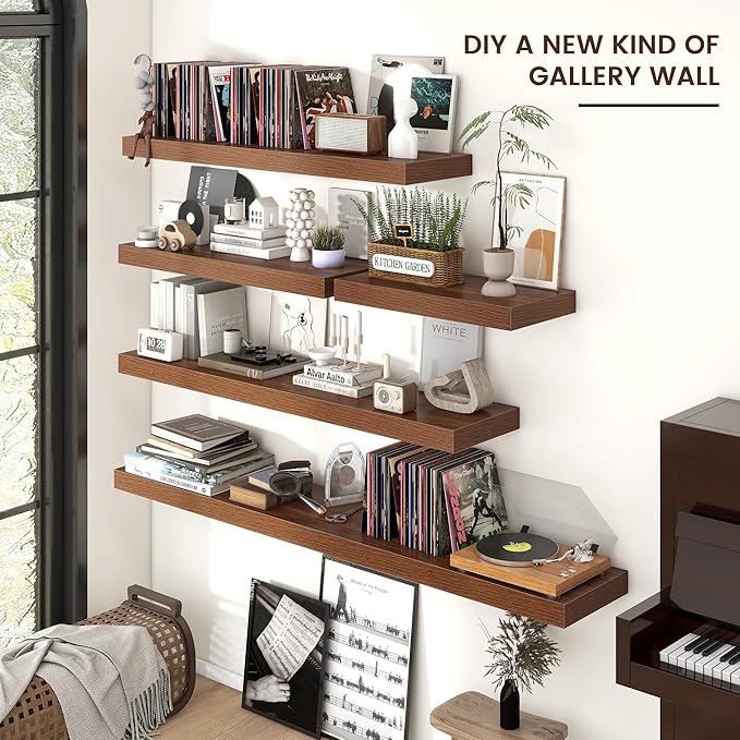 Floating Shelves for Wall, Large Wall Mounted Shelves with Invisible Brackets, Long Wood Floating Shelf for Living Room, Bedroom, Kitchen, (Walnut, 55" W x 9" D x 1.5" H)
