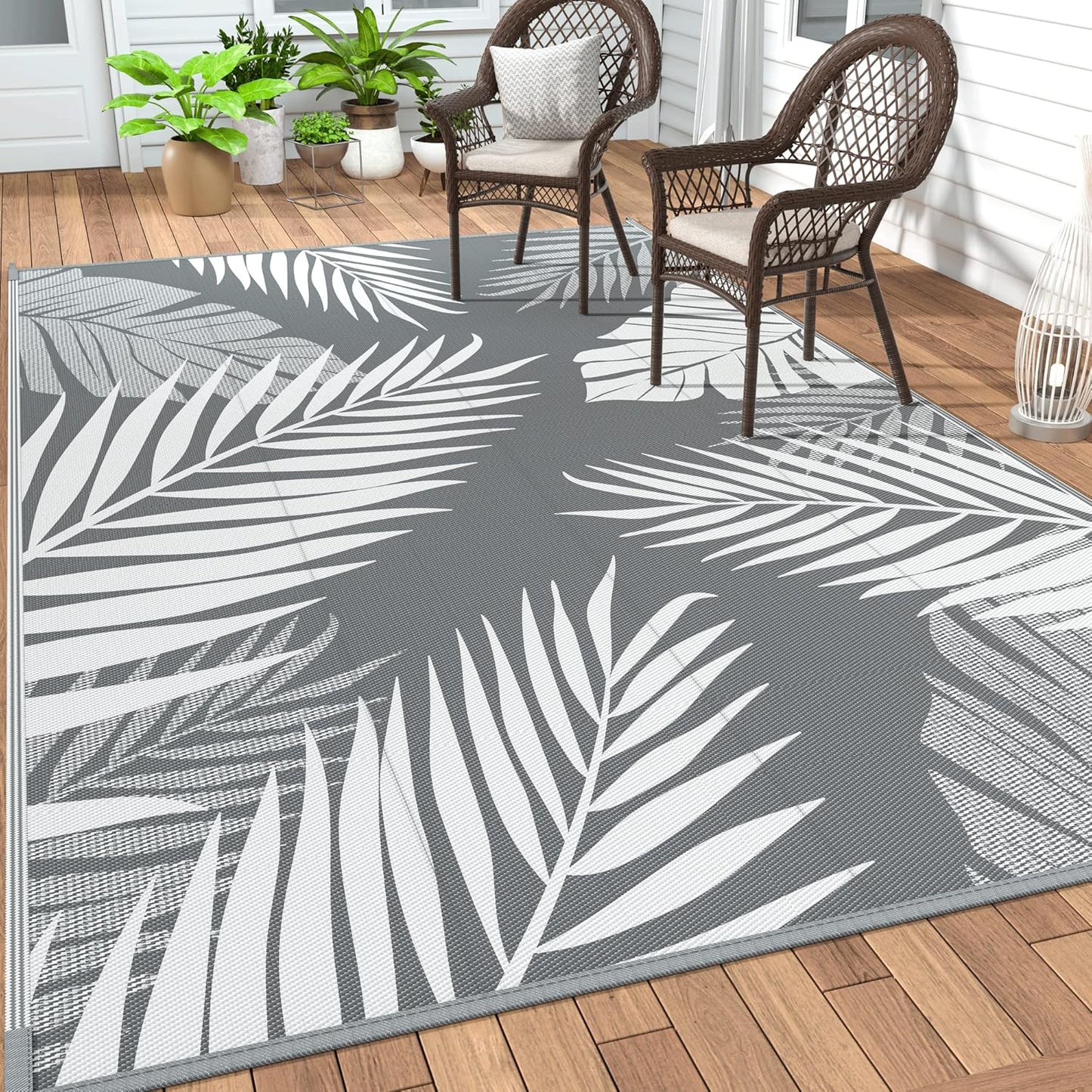 GENIMO Outdoor Rug 6' x 9' Waterproof for Patios Clearance, Reversible Plastic Straw Camping Carpet, Large Area Rugs Mats RV, Picnic, Backyard, Deck, Balcony, Porch, Beach, Grey&White