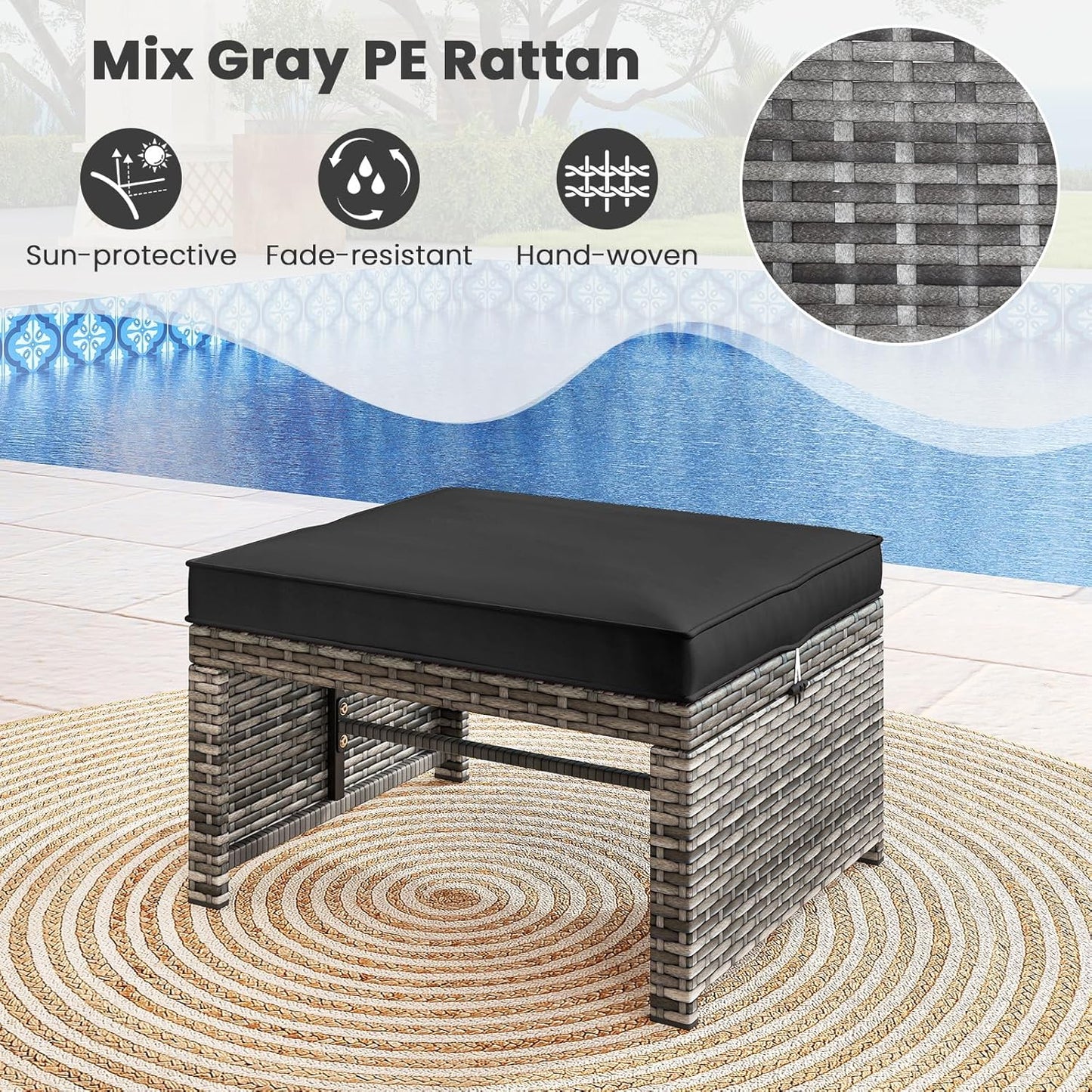 Tangkula 2 Pieces Patio PE Rattan Ottomans, Multipurpose Outdoor Footstool Footrest Additional Seating Side Table with Soft Zippered Cushions for Deck, Garden, and Yard (Black)