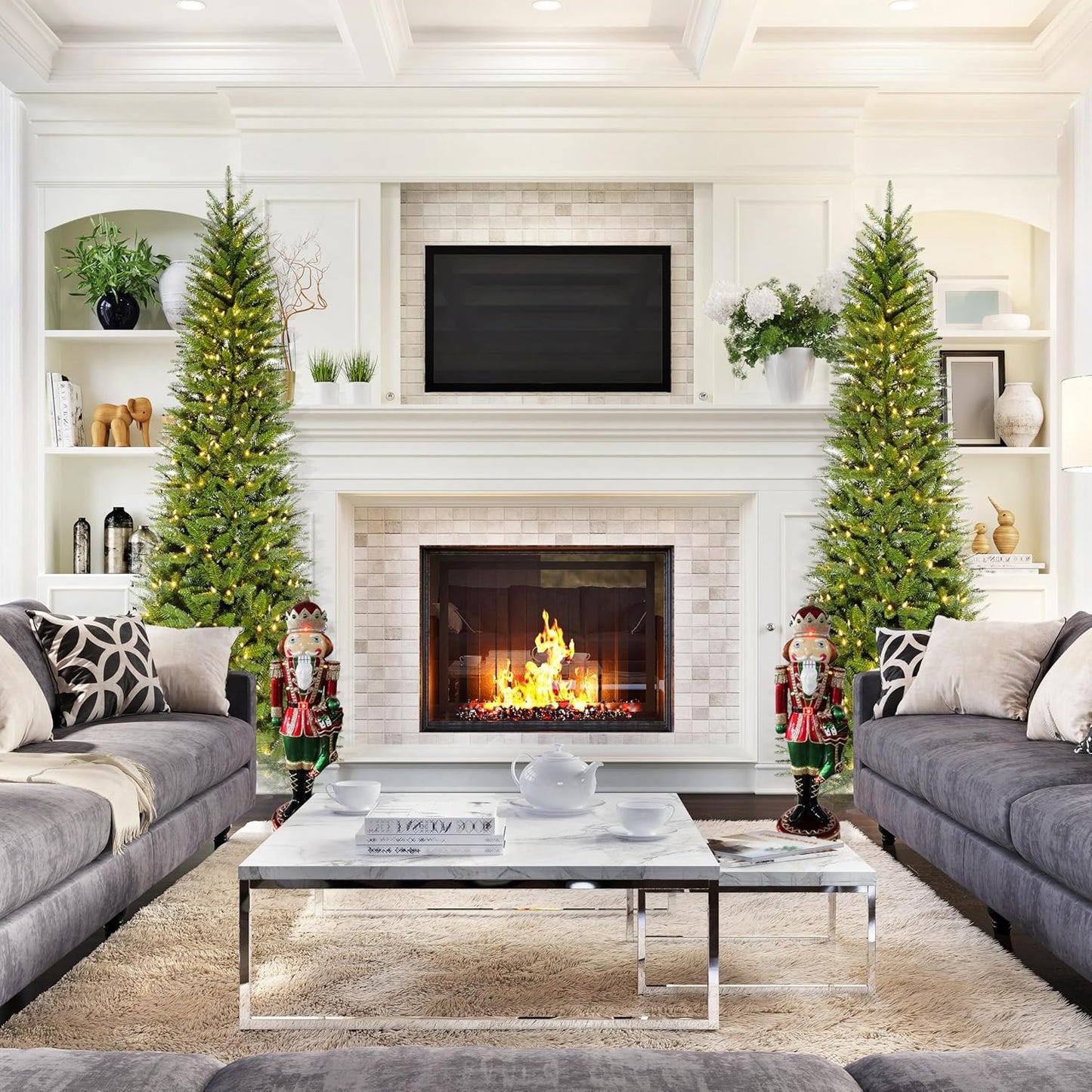 Fraser Hill Farm 7.5-Ft. Winter Falls Artificial Christmas Tree with Warm White LED Lights and Metal Base, Slim Holiday Tree with 8 Unique Light Functions, Perfect for Small Spaces and Apartments