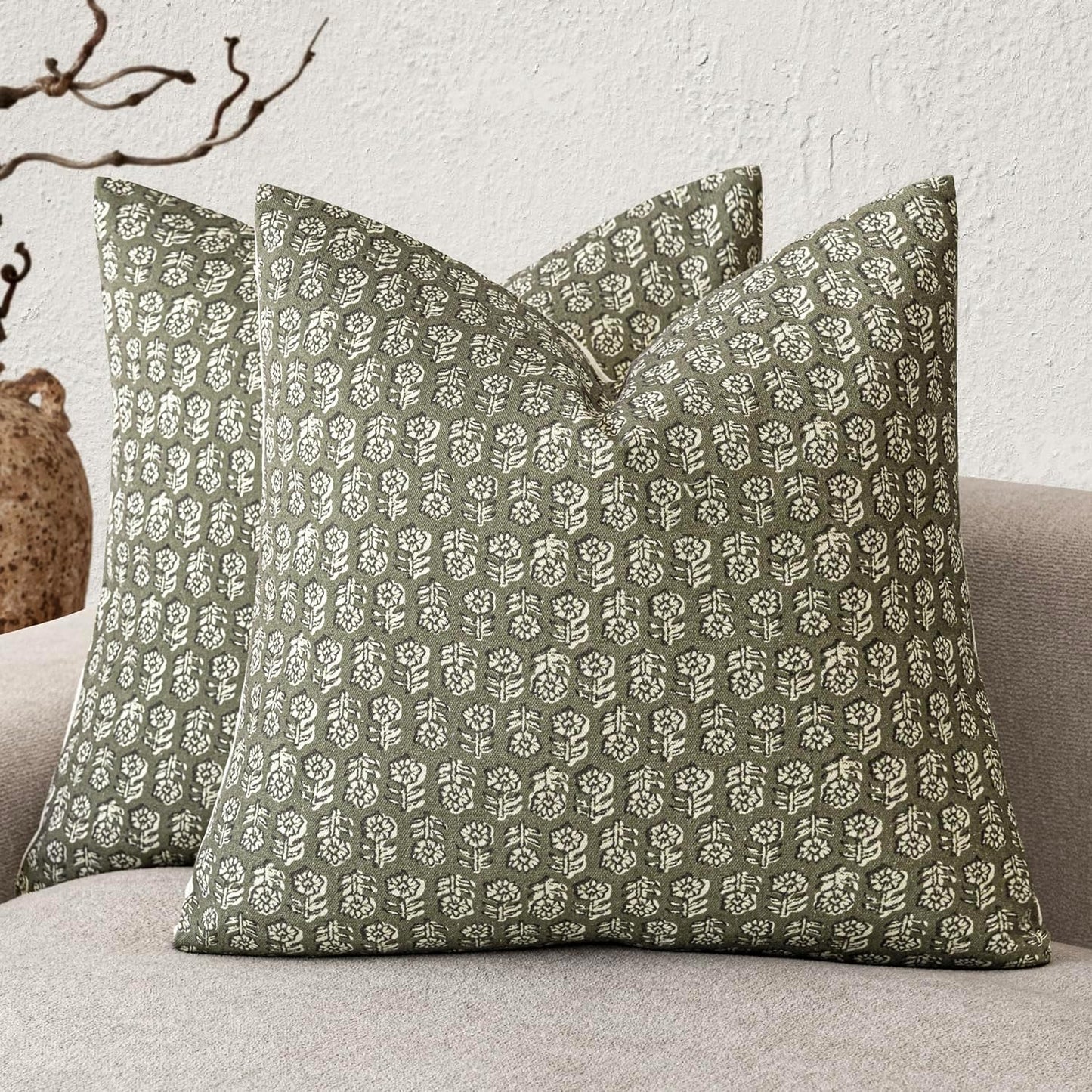 Foindtower Set of 2 Decorative Vintage Floral Print Throw Pillow Covers Neutral Modern Farmhouse Cushion Covers Boho Home Decor for Sofa Couch Chair Bedroom Living Room Outdoor,22×22 Inch,Sage Green