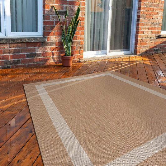 CAMILSON Outdoor Rug 6x9, Modern Outside Rugs for Patios Porches Waterproof Durable Washable Non-Shedding, Easy-to-Clean Indoor Outdoor Area Carpet (6 x 9, Bordered - Beige/White)